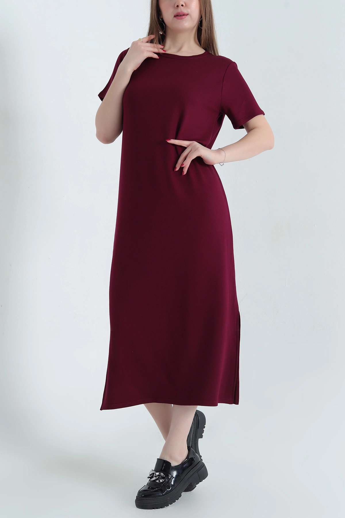Bordo Çift Yırtmaçlı Kristal Elbise 337786