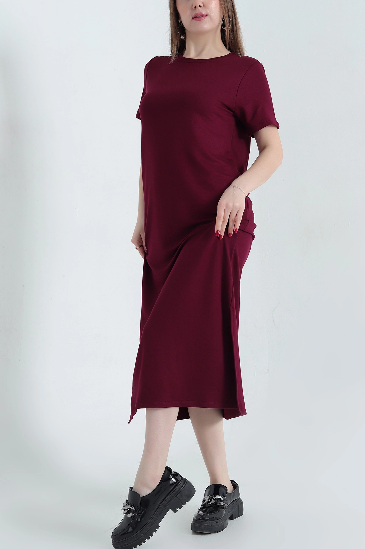 Bordo Çift Yırtmaçlı Kristal Elbise 337786