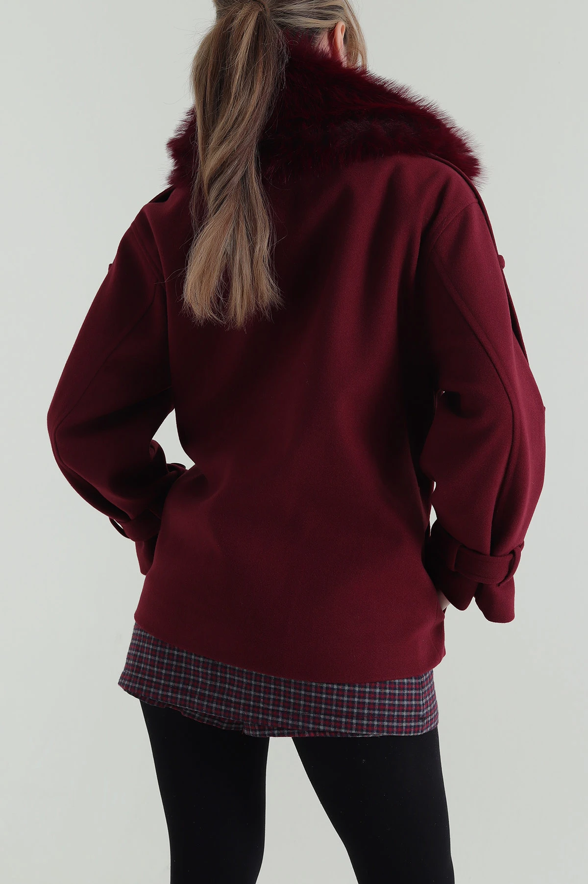 Bordo Çıkma Kürklü Astarlı Kaşe Mont 427690