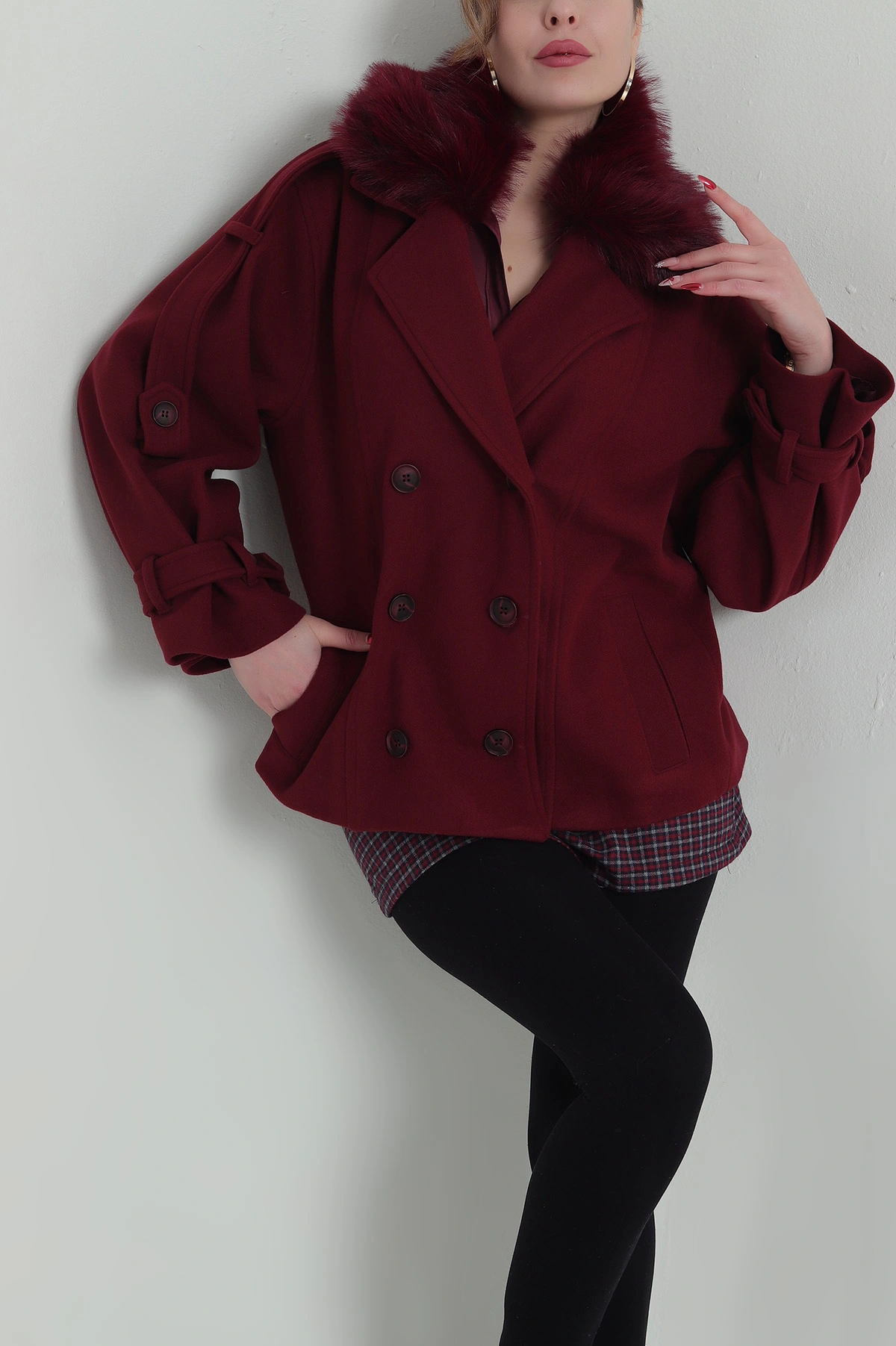 Bordo Çıkma Kürklü Astarlı Kaşe Mont 427690