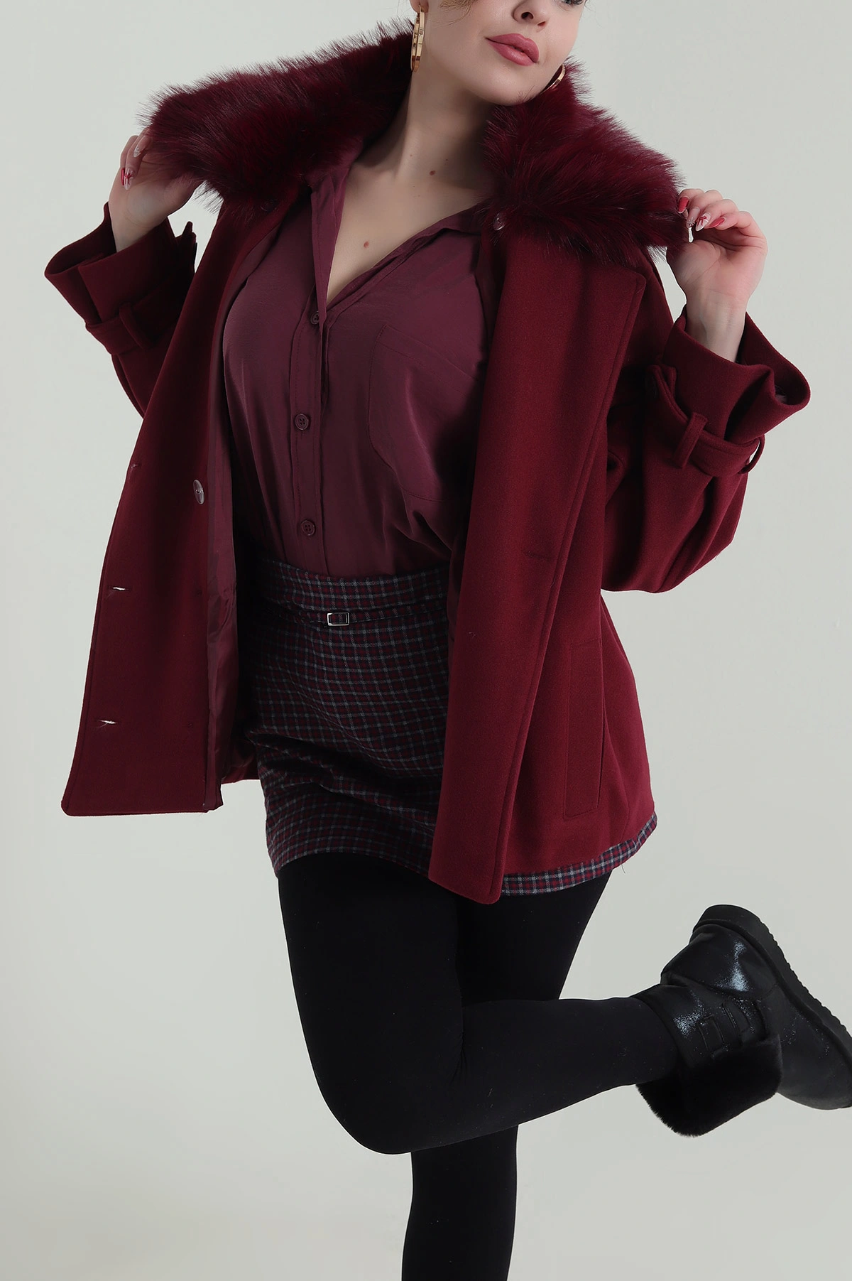 Bordo Çıkma Kürklü Astarlı Kaşe Mont 427690
