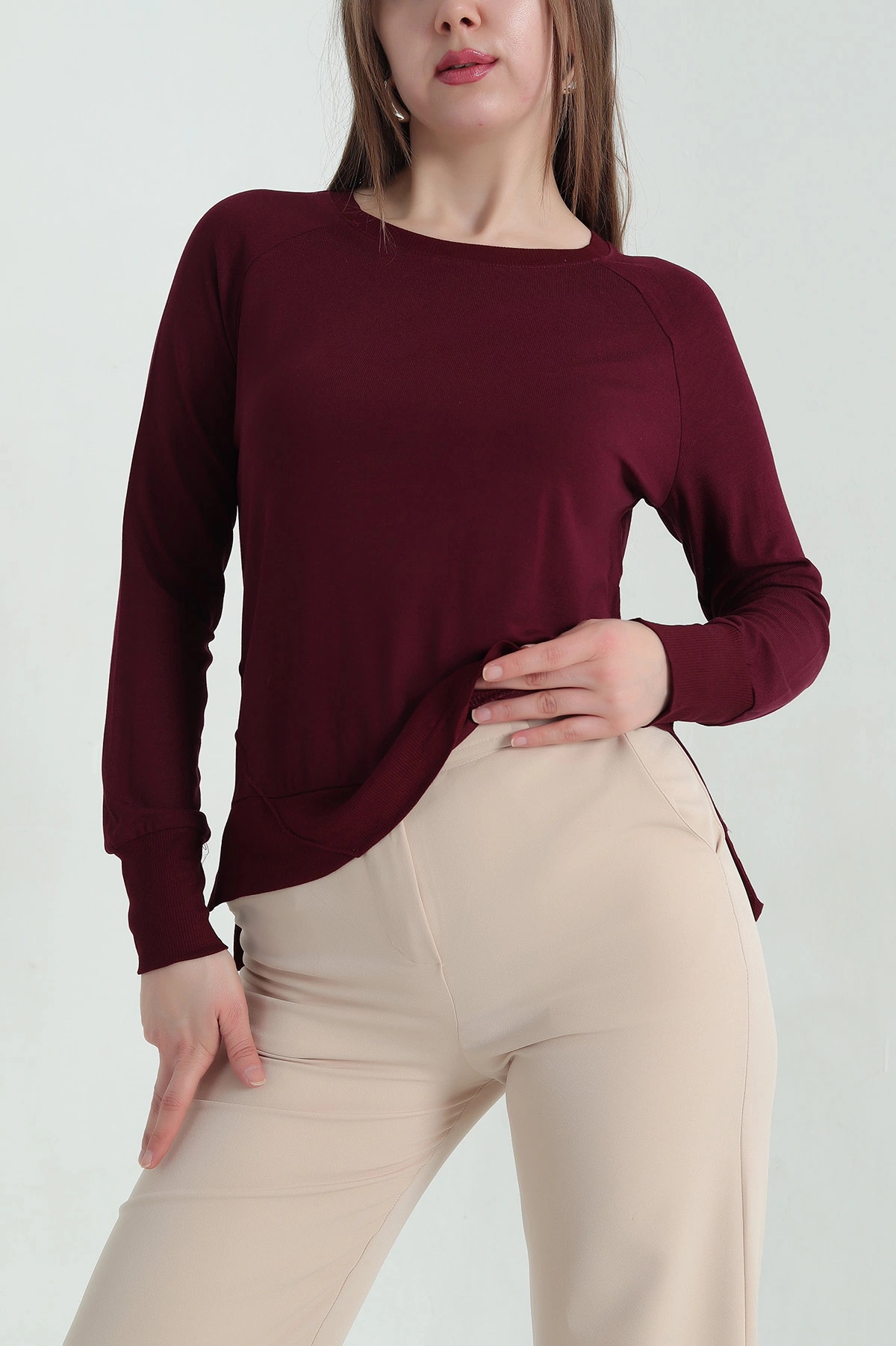 Bordo Çilek Kumaş Likralı Kadın Bluz 347894