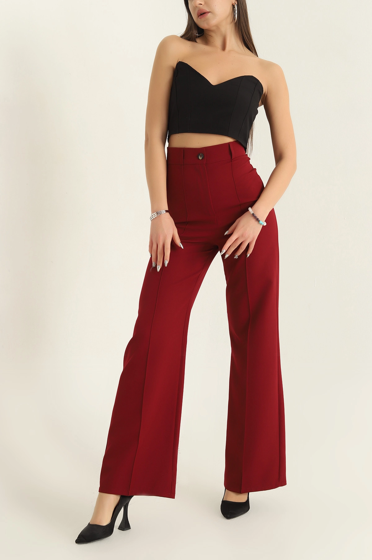 Bordo Çimalı Atlas Kumaş Bayan Pantolon 323724