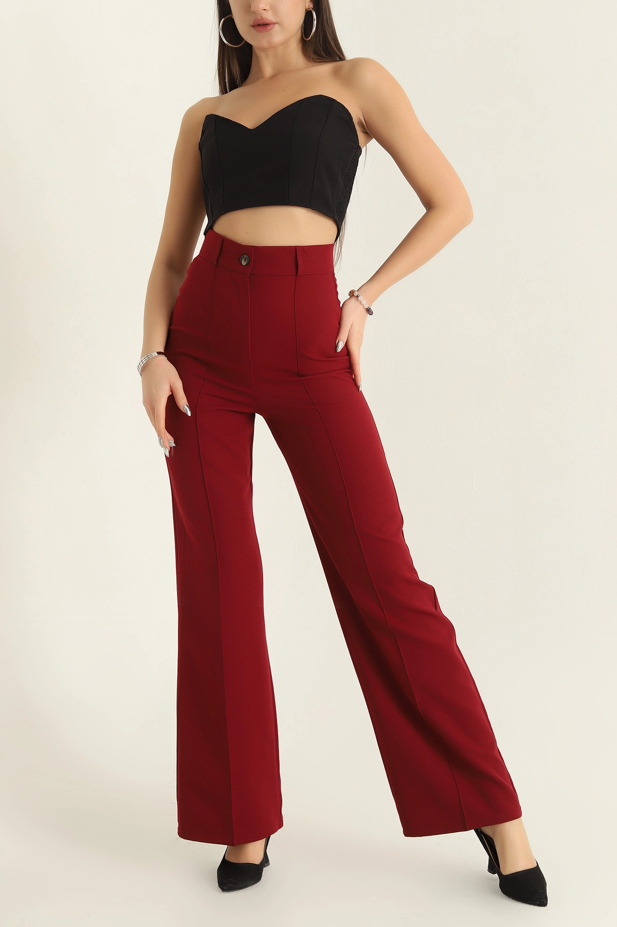 Bordo Çimalı Atlas Kumaş Bayan Pantolon 323724