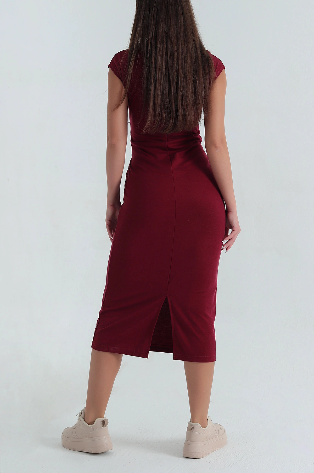 Bordo Çimalı Bisiklet Yaka Kolsuz Modal Kadın Elbise 381415