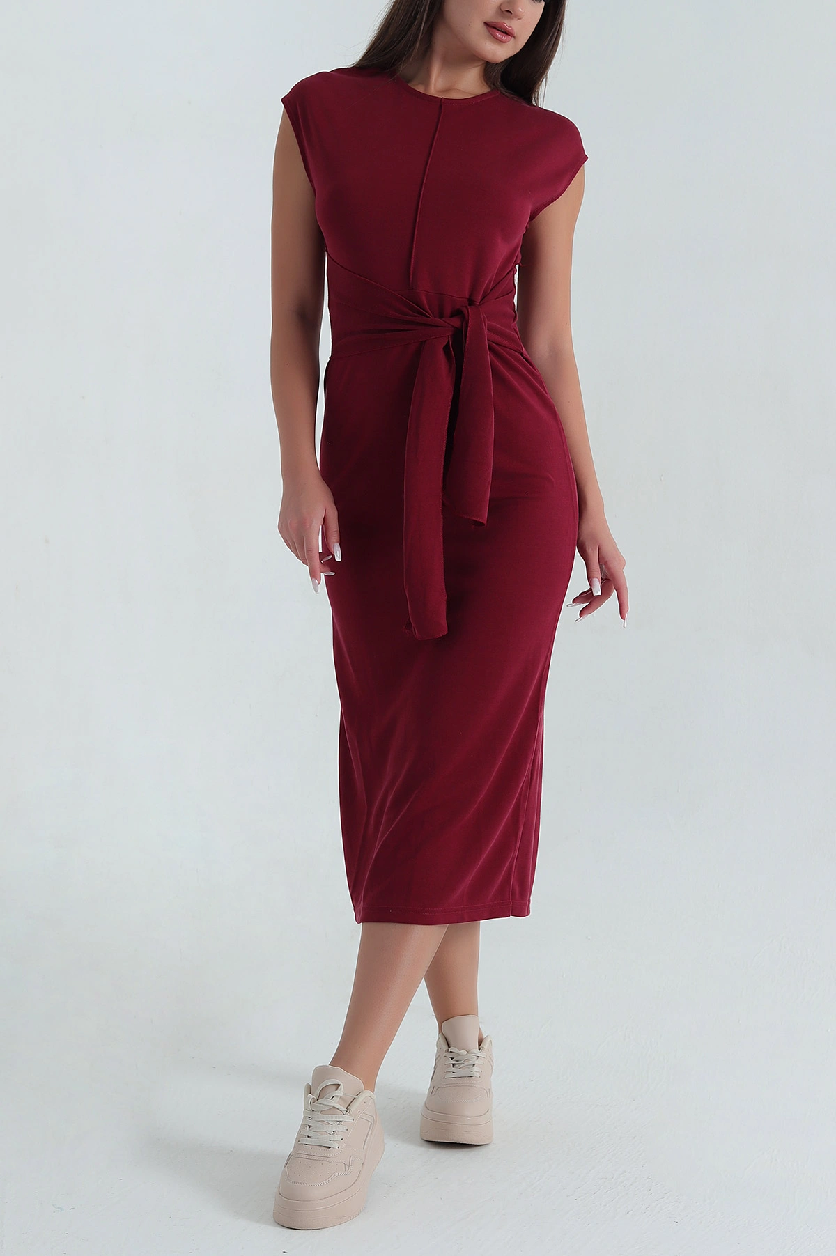 Bordo Çimalı Bisiklet Yaka Kolsuz Modal Kadın Elbise 381415