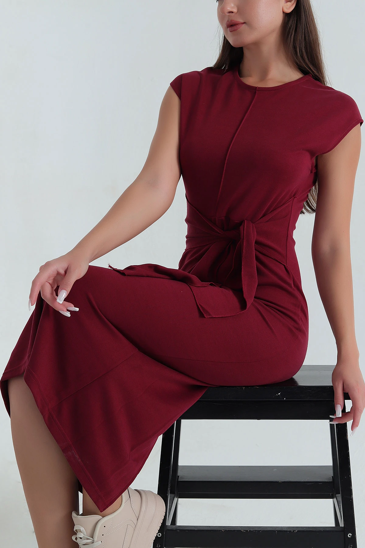 Bordo Çimalı Bisiklet Yaka Kolsuz Modal Kadın Elbise 381415