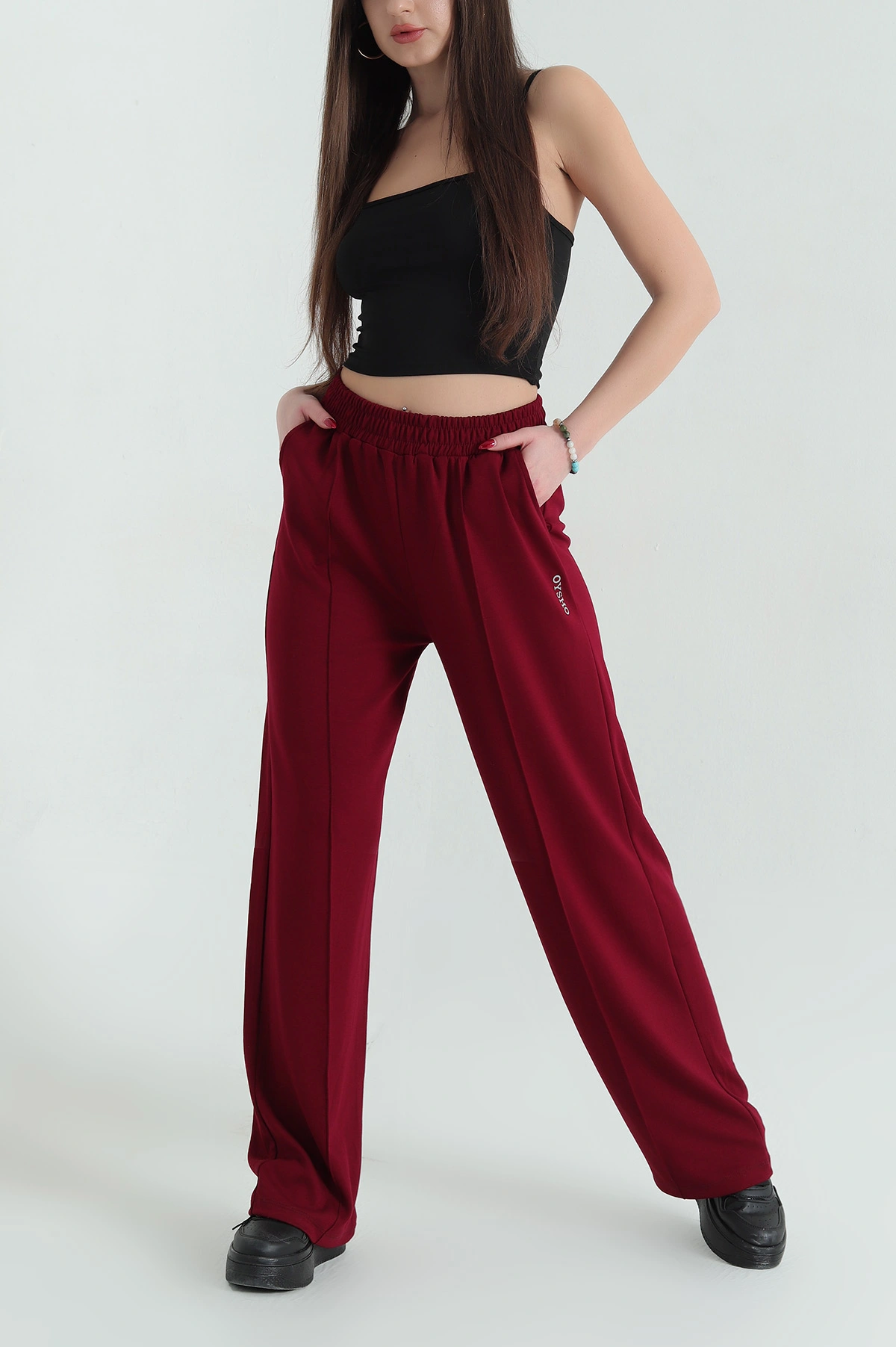 Bordo Çimalı Cepli Bel Lastikli Bayan Modal Pantolon 335733
