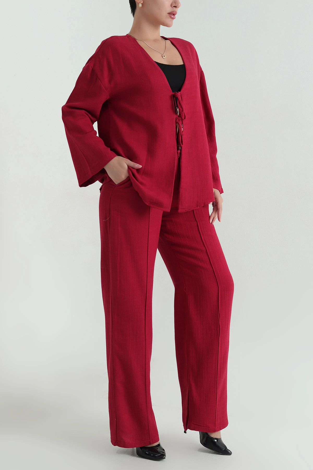 Bordo Çimalı Keten Pantolon Bluz İkili Takım 366967