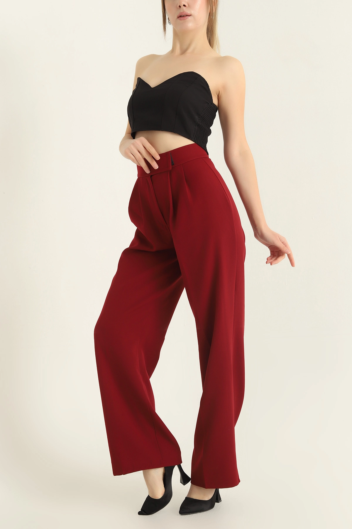 Bordo Cırtlı Kapama Atlas Kumaş Bayan Pantolon 318561