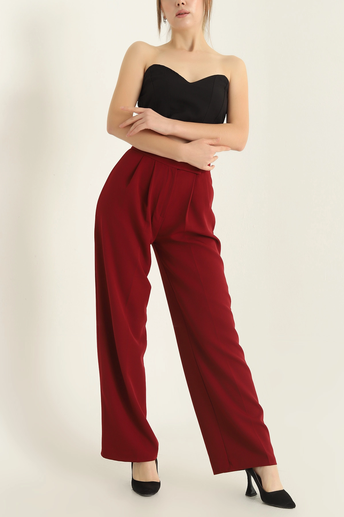 Bordo Cırtlı Kapama Atlas Kumaş Bayan Pantolon 318561