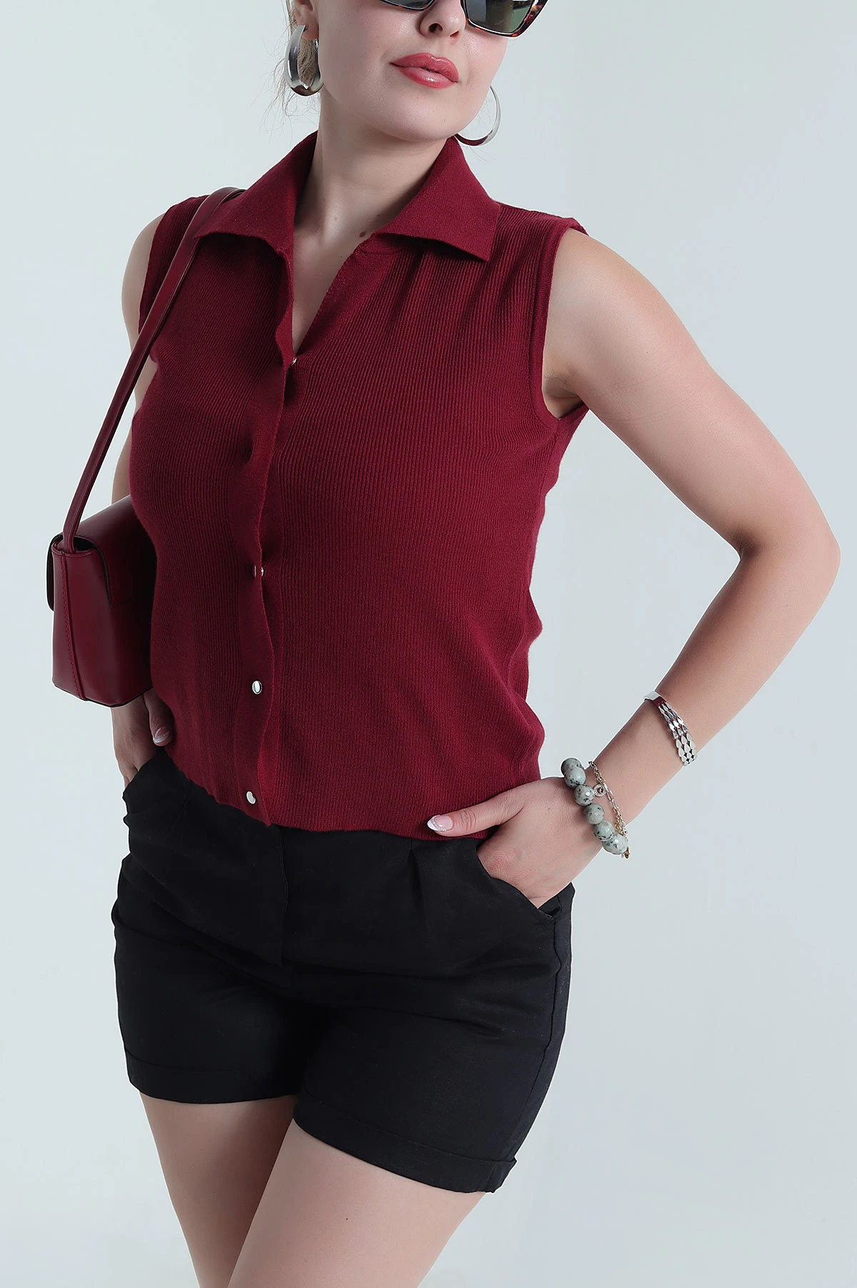 Bordo Cıt Cıtlı Polo Yaka Kadın Triko 477782
