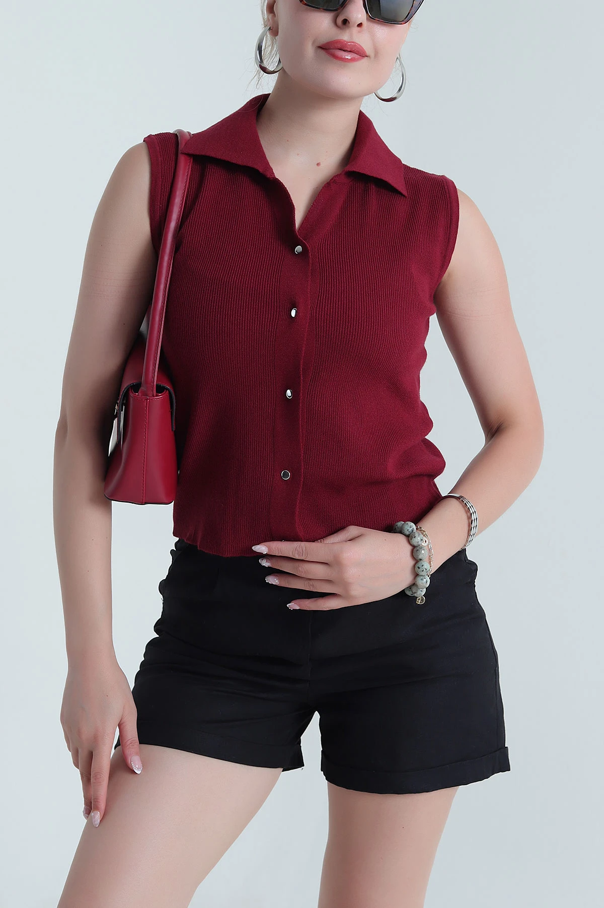 Bordo Cıt Cıtlı Polo Yaka Kadın Triko 477782