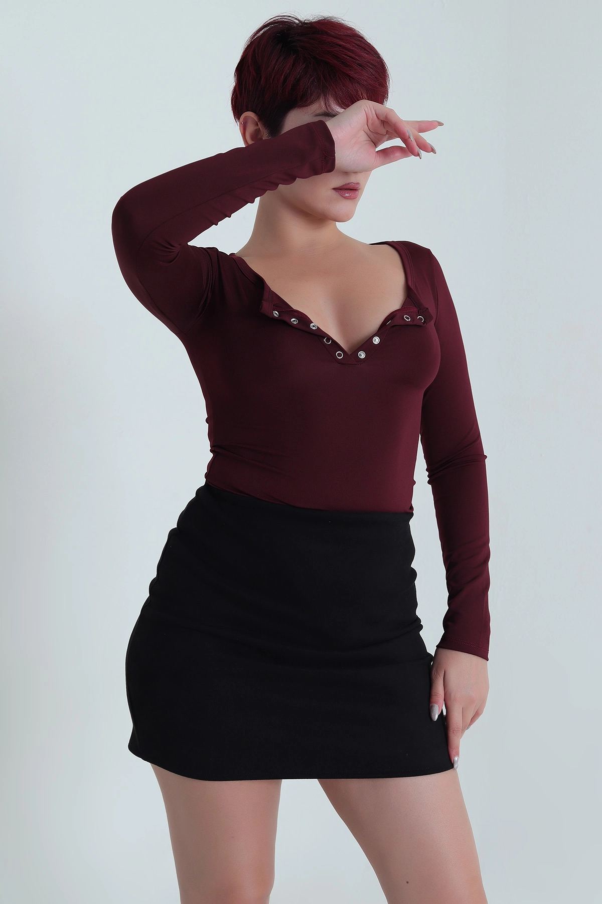 Bordo Çıtçıt Yaka Dalgıç Kadın Zıbın Bluz 482762
