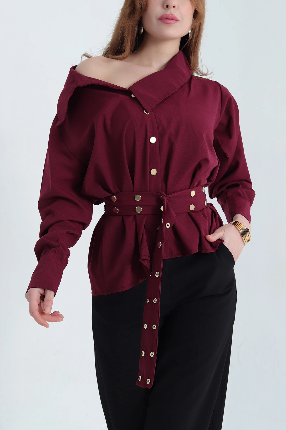Bordo Çıtçıtlı Kayık Yaka Bayan Poplin Gömlek 337810