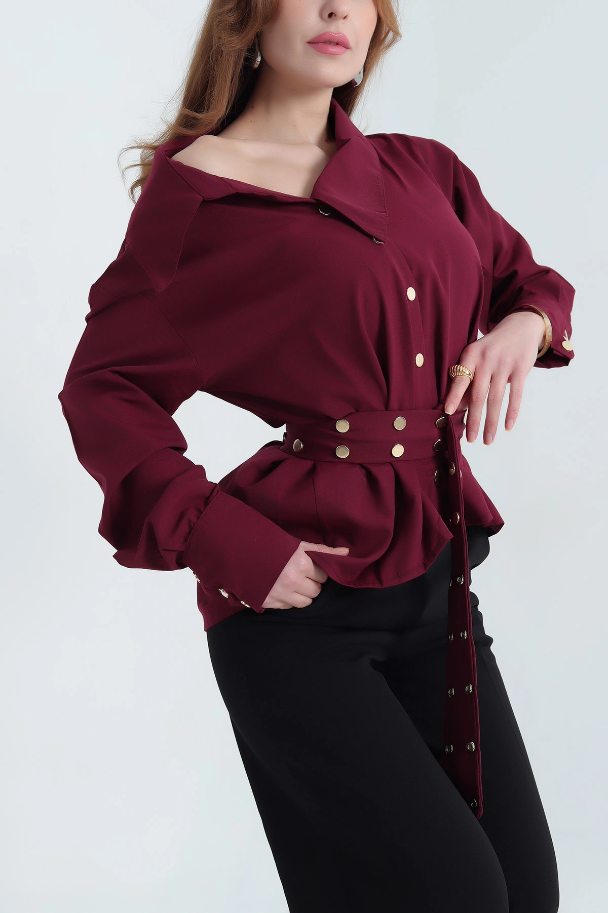 Bordo Çıtçıtlı Kayık Yaka Bayan Poplin Gömlek 337810