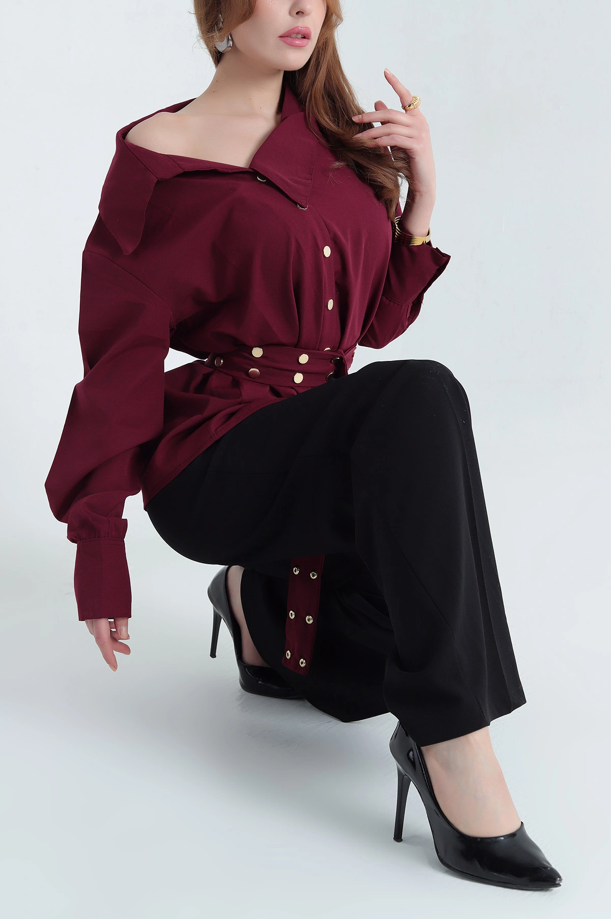 Bordo Çıtçıtlı Kayık Yaka Bayan Poplin Gömlek 337810