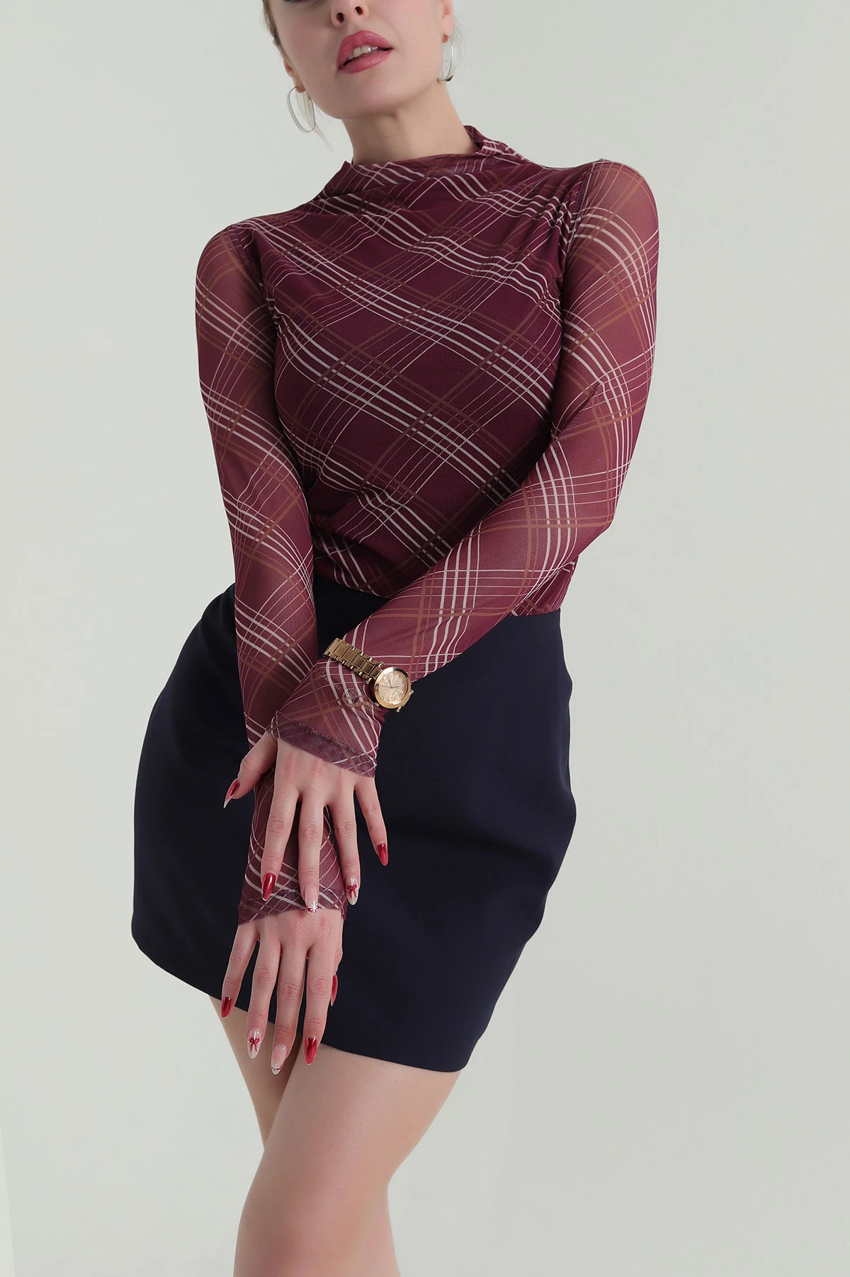 Bordo Çizgi Desenli Kadın Tül Bluz 425693