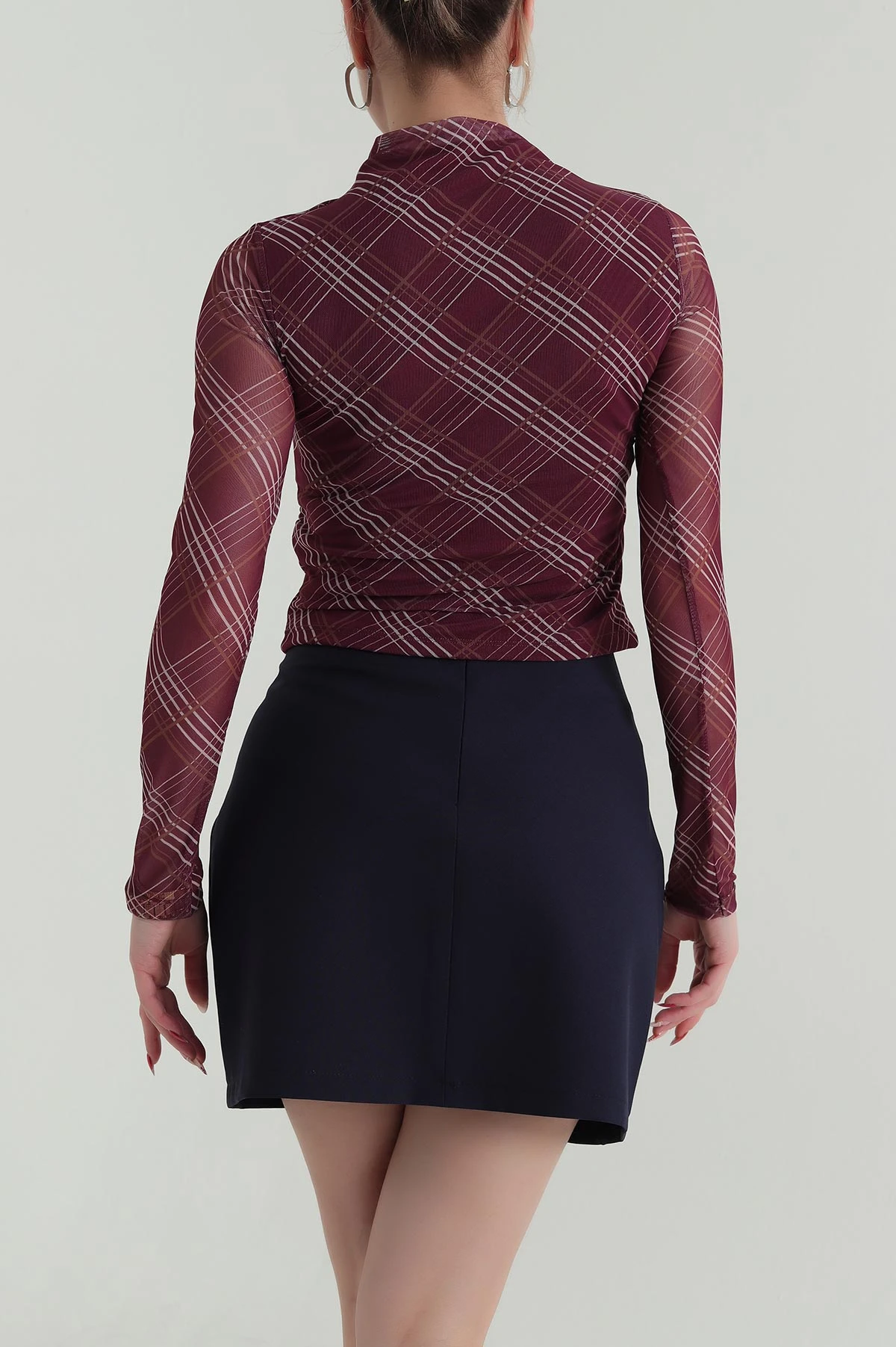 Bordo Çizgi Desenli Kadın Tül Bluz 425693