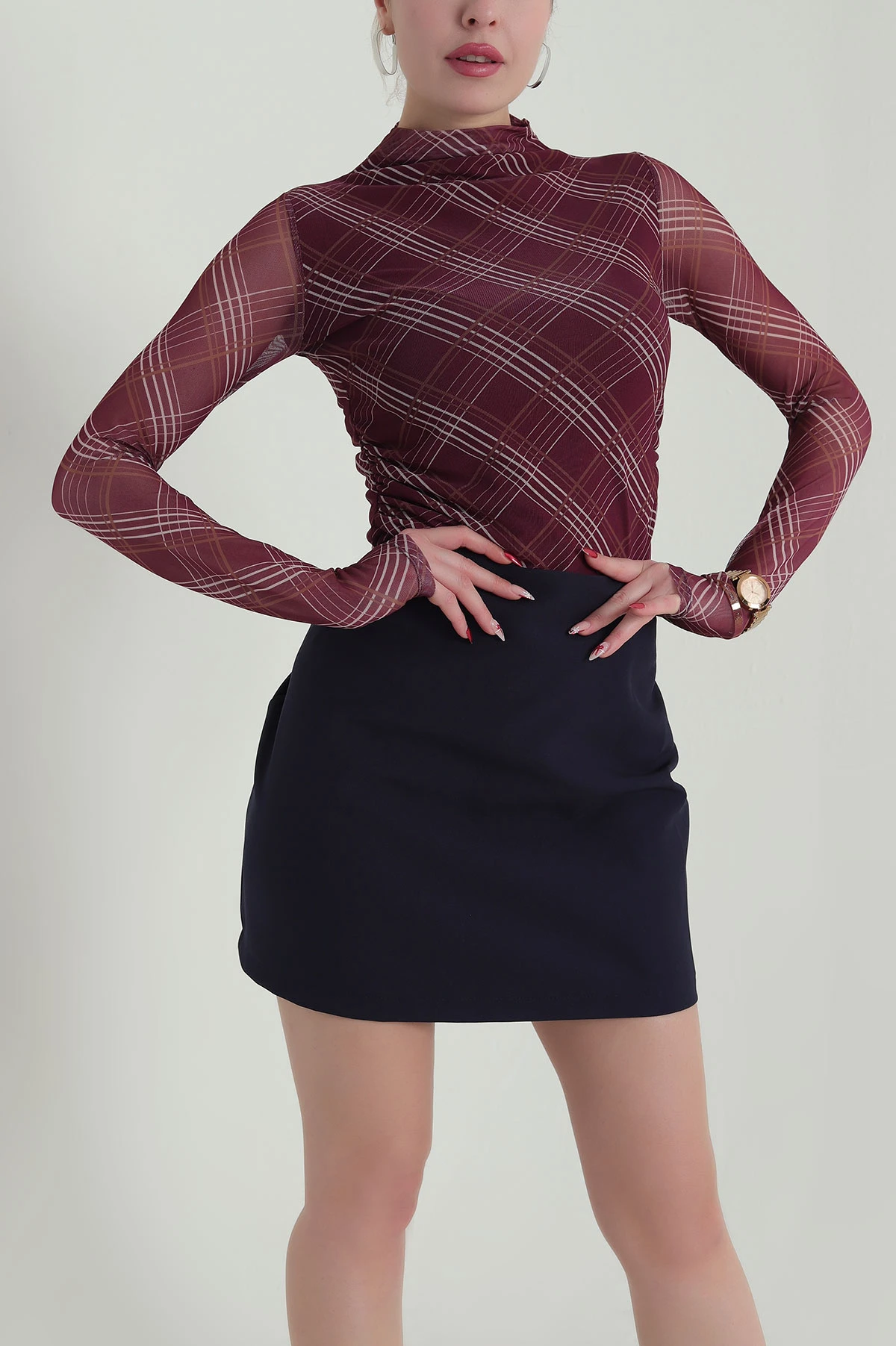 Bordo Çizgi Desenli Kadın Tül Bluz 425693