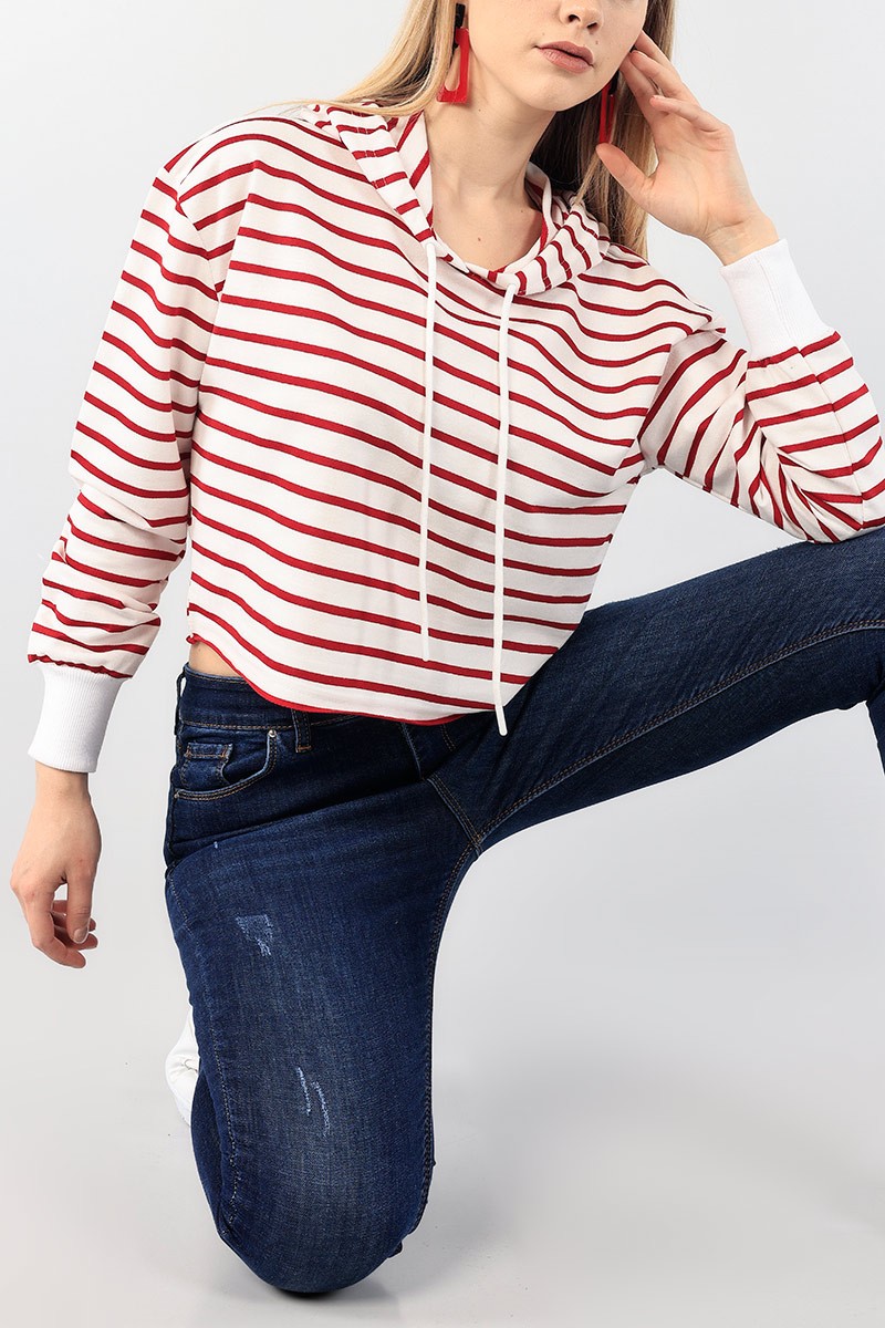 Bordo Çizgili Kapüşonlu Bayan Sweat 90460