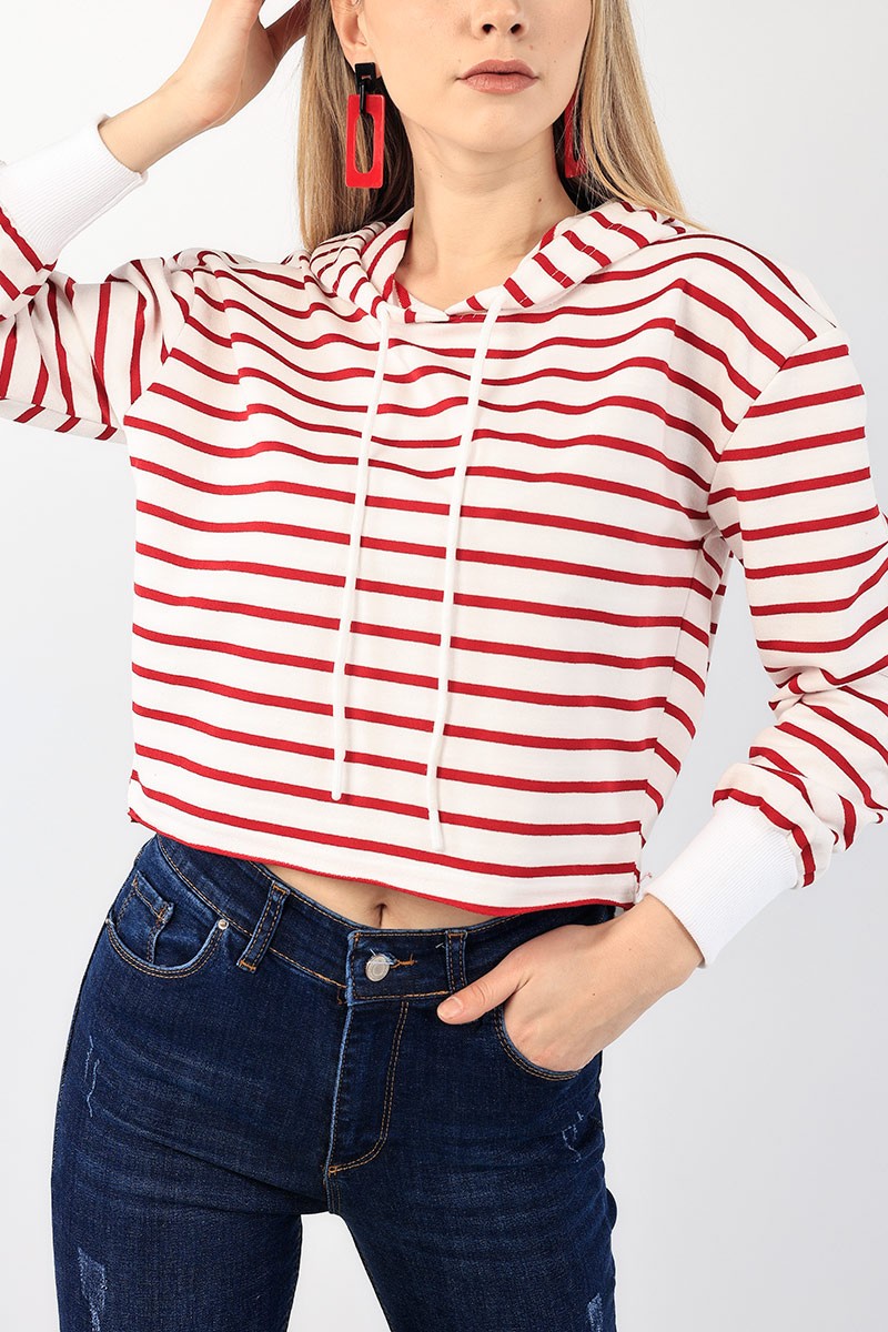 Bordo Çizgili Kapüşonlu Bayan Sweat 90460