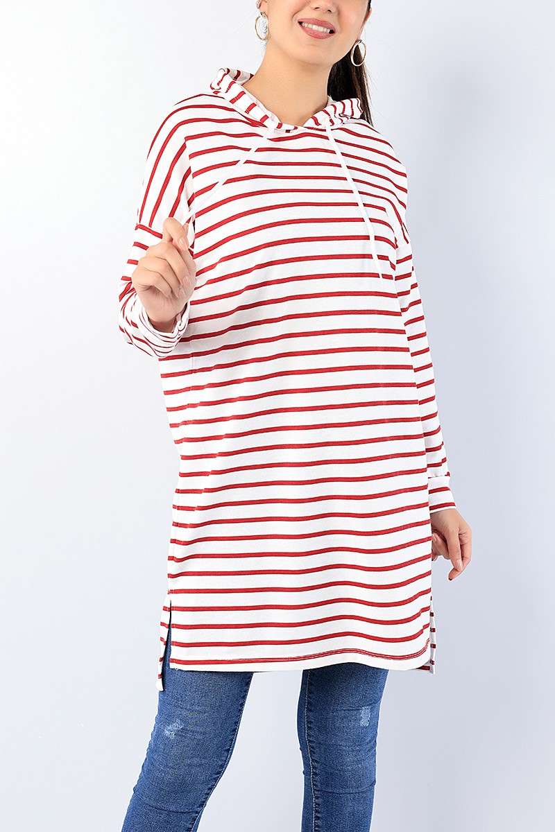 Bordo Çizgili Kapüşonlu Tunik 75155