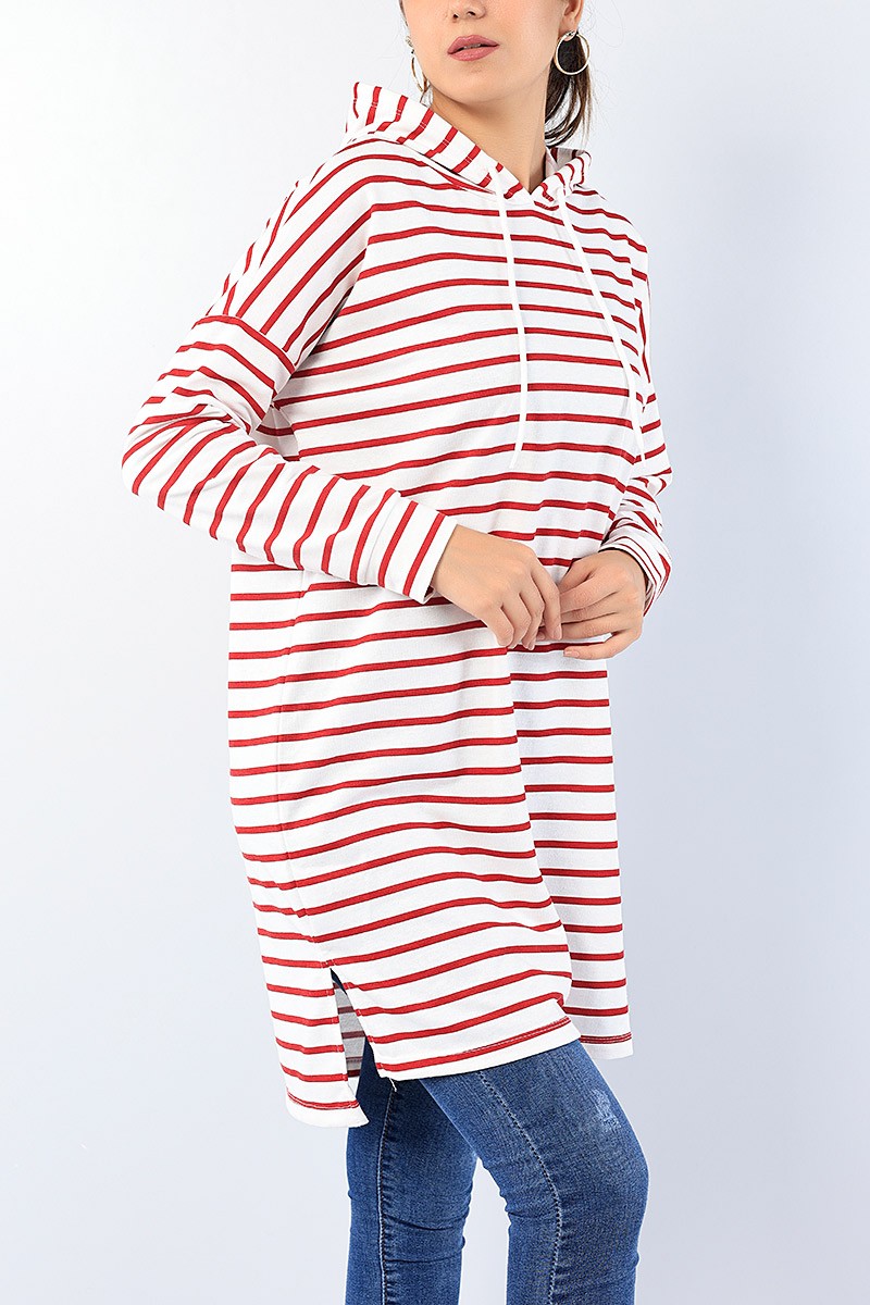 Bordo Çizgili Kapüşonlu Tunik 75155