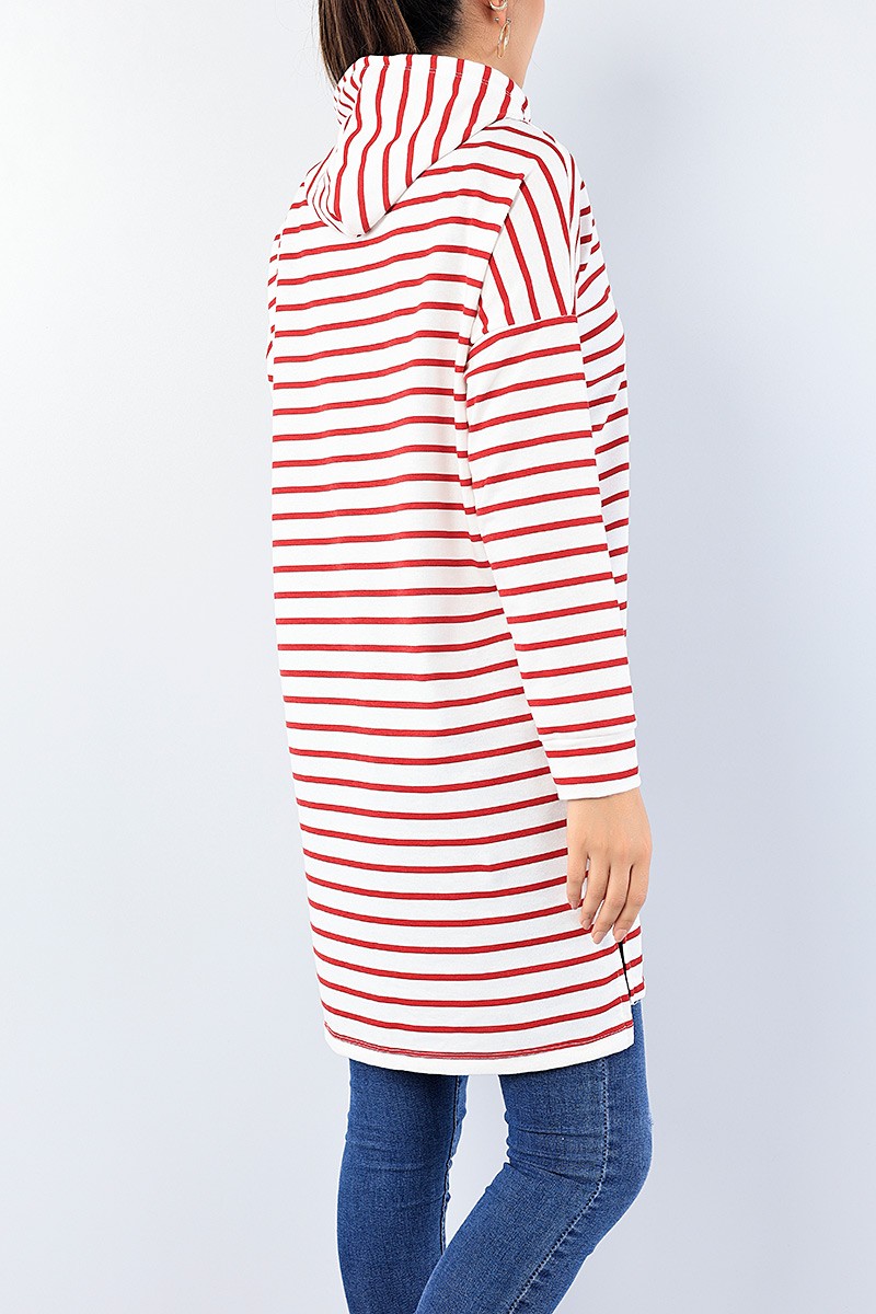 Bordo Çizgili Kapüşonlu Tunik 75155