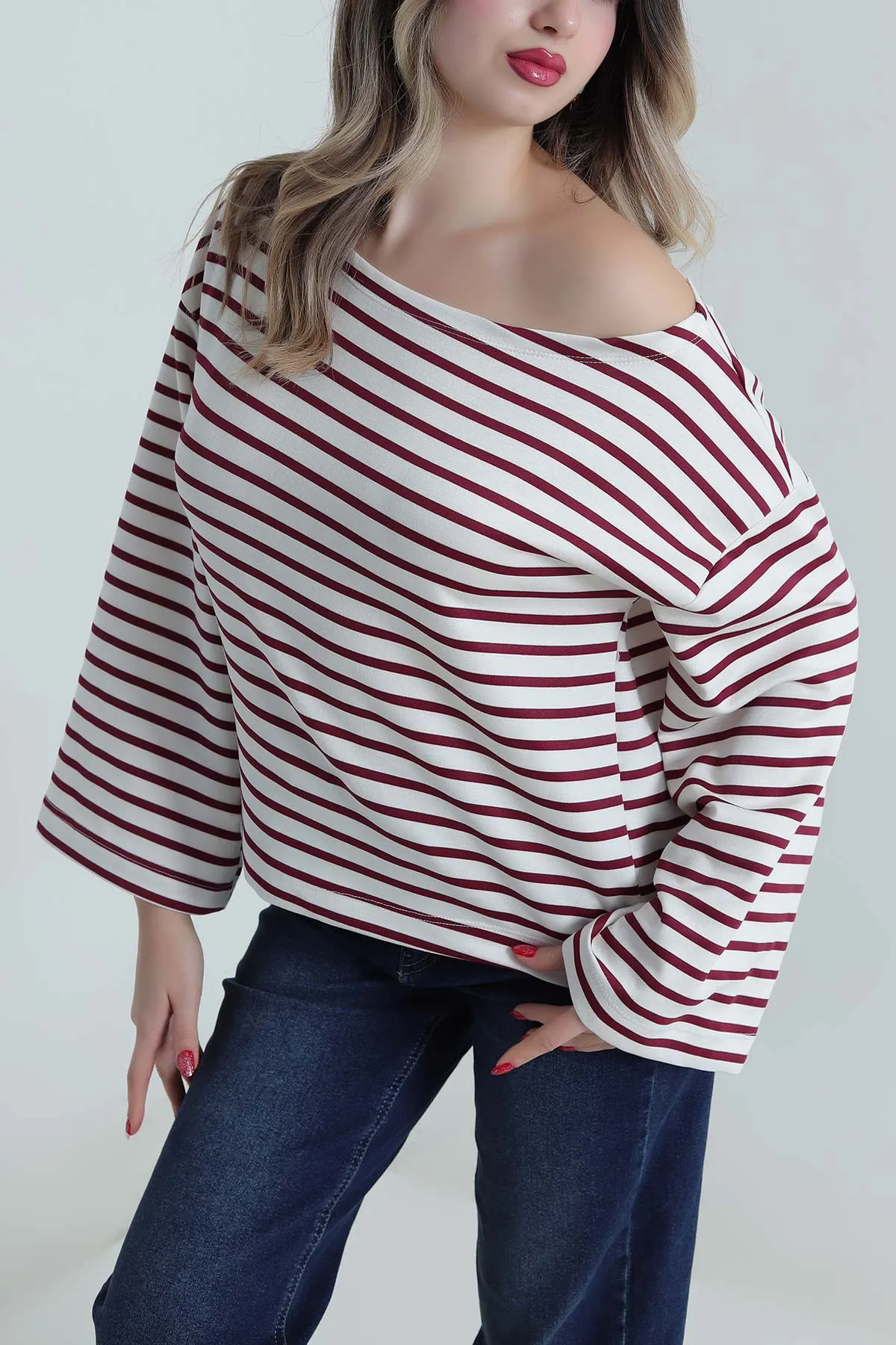 Bordo Çizgili Kayık Yaka Modal Kadın Bluz 499863