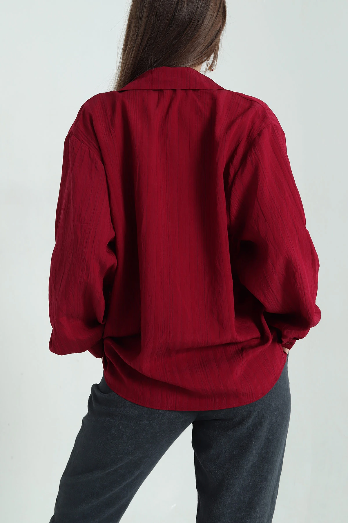 Bordo Çizgili Oversize Dokuma GÖmlek 337016
