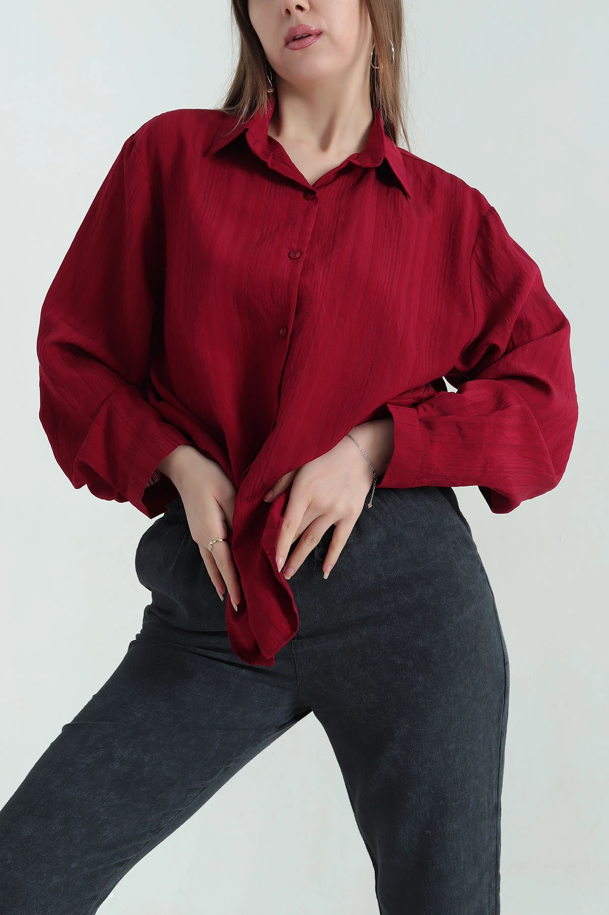 Bordo Çizgili Oversize Dokuma GÖmlek 337016