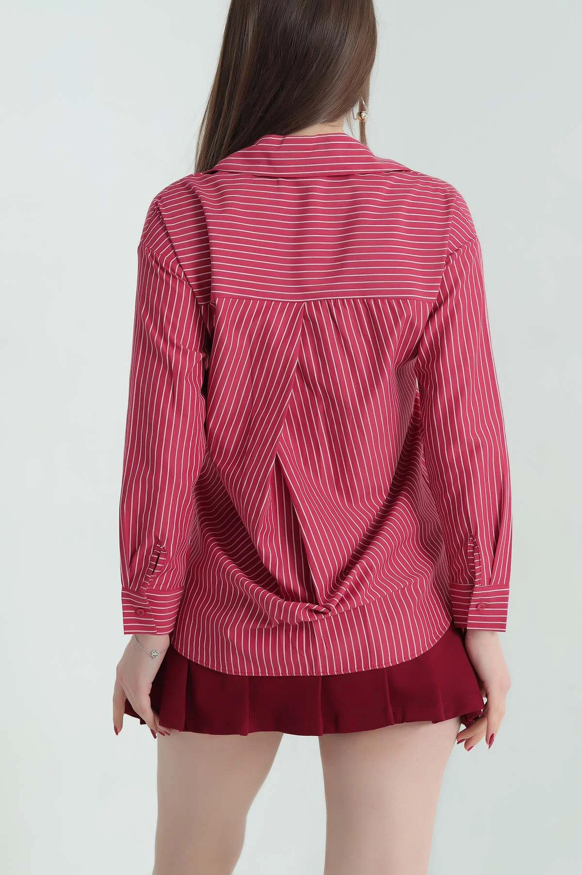 Bordo Çizgili Oversize Poplin Kumaş Gömlek 336467