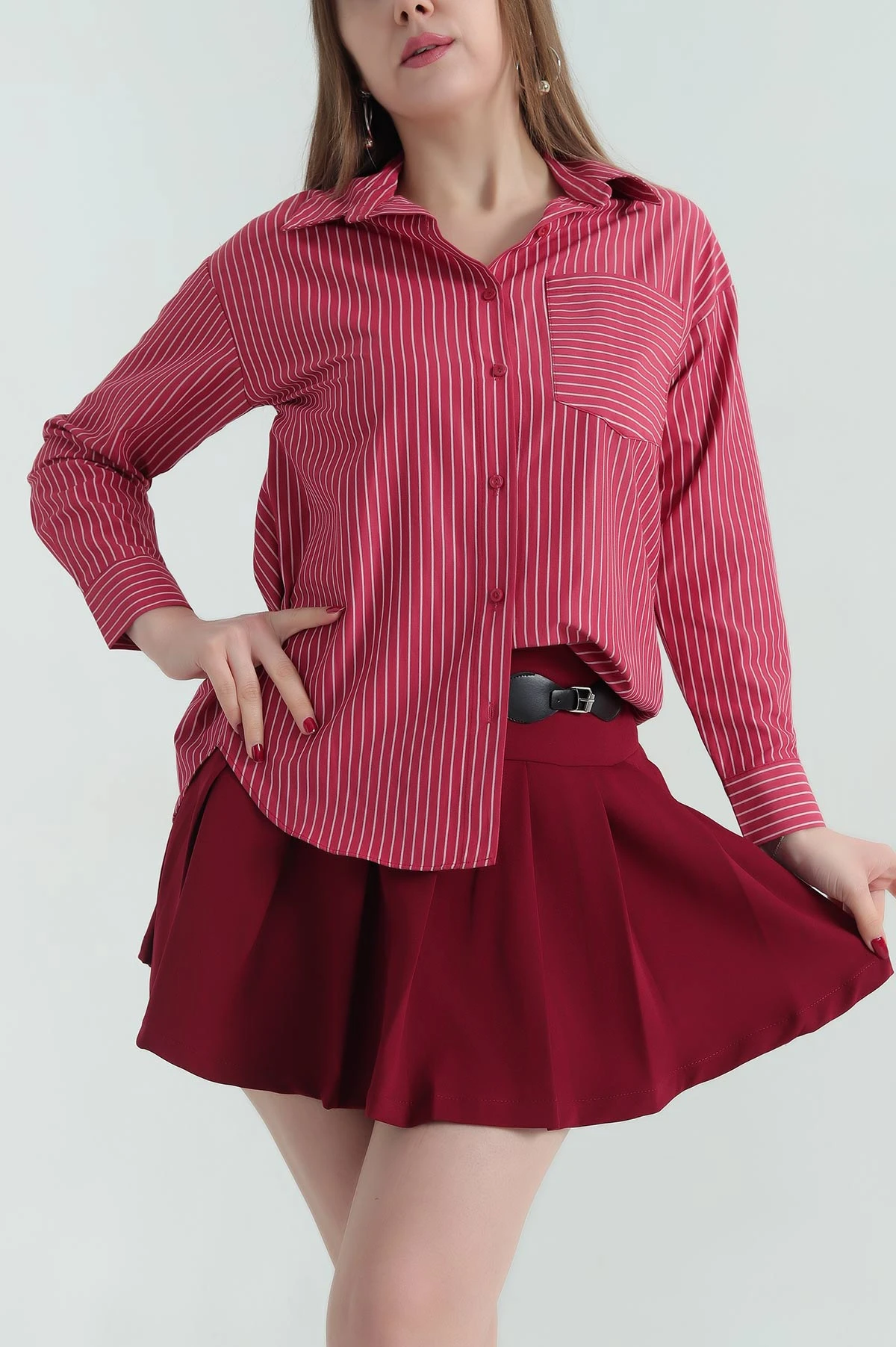 Bordo Çizgili Oversize Poplin Kumaş Gömlek 336467