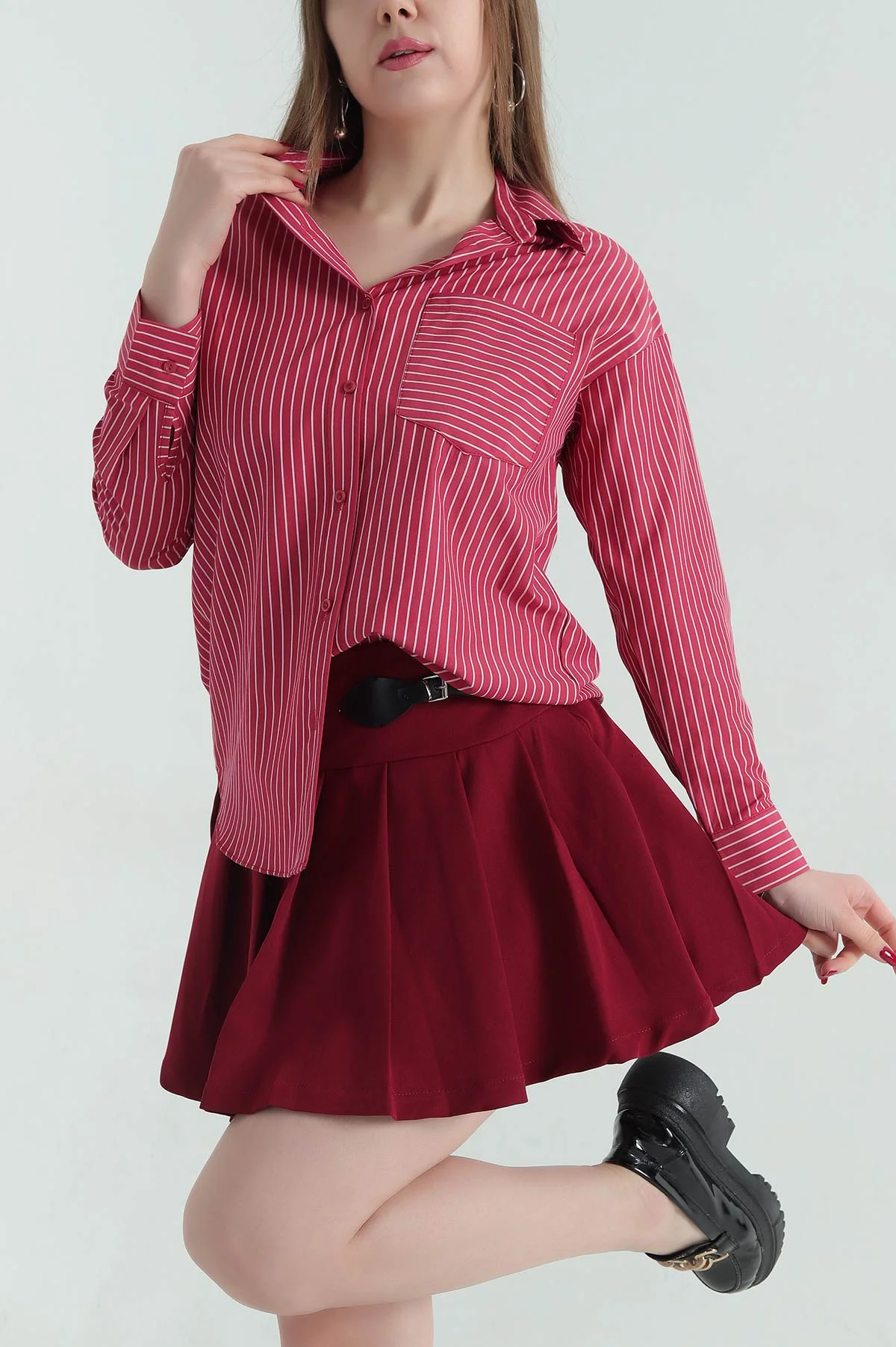 Bordo Çizgili Oversize Poplin Kumaş Gömlek 336467