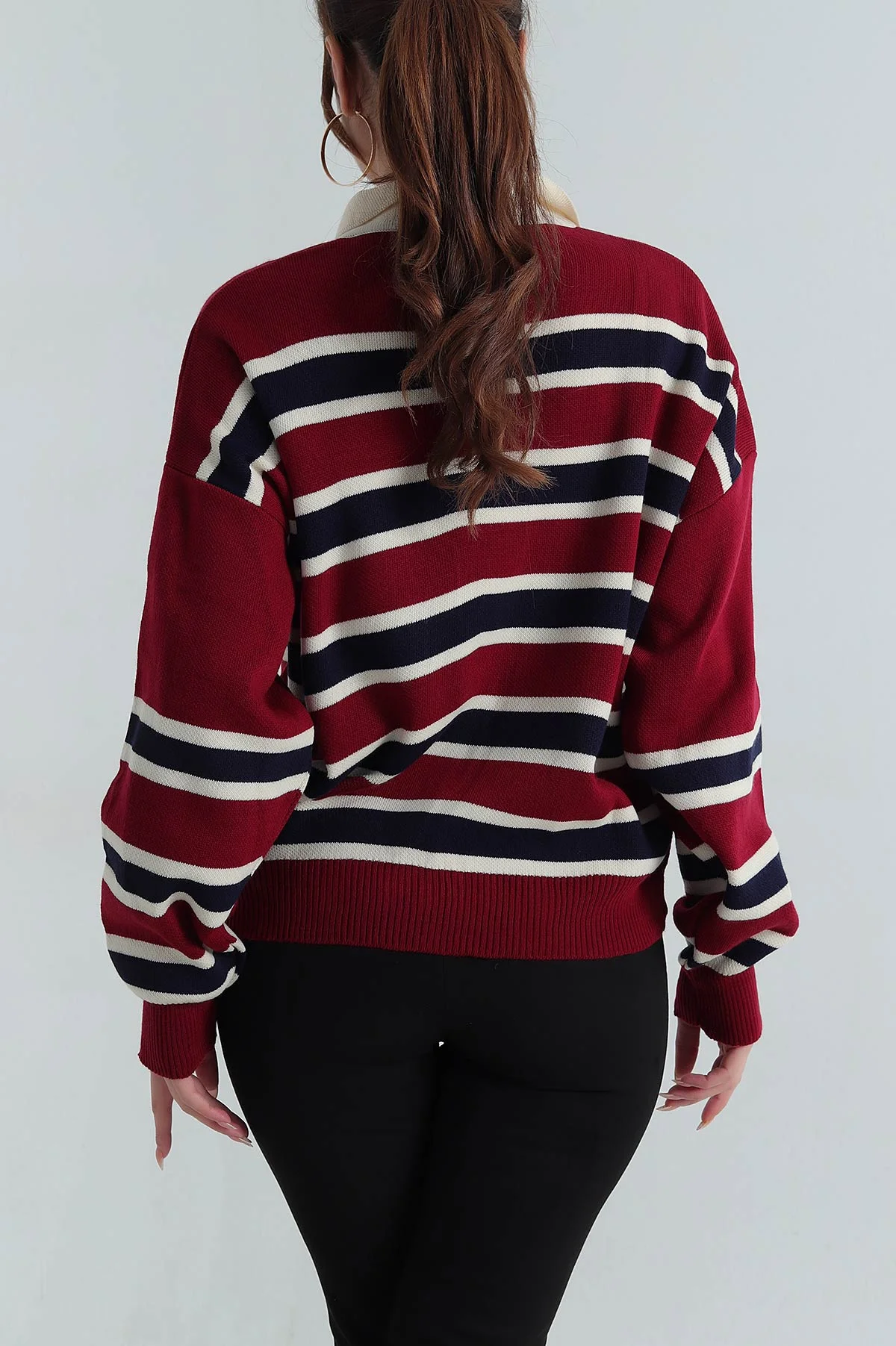 Bordo Çizgili Polo Yaka Kadın Triko Kazak 403716