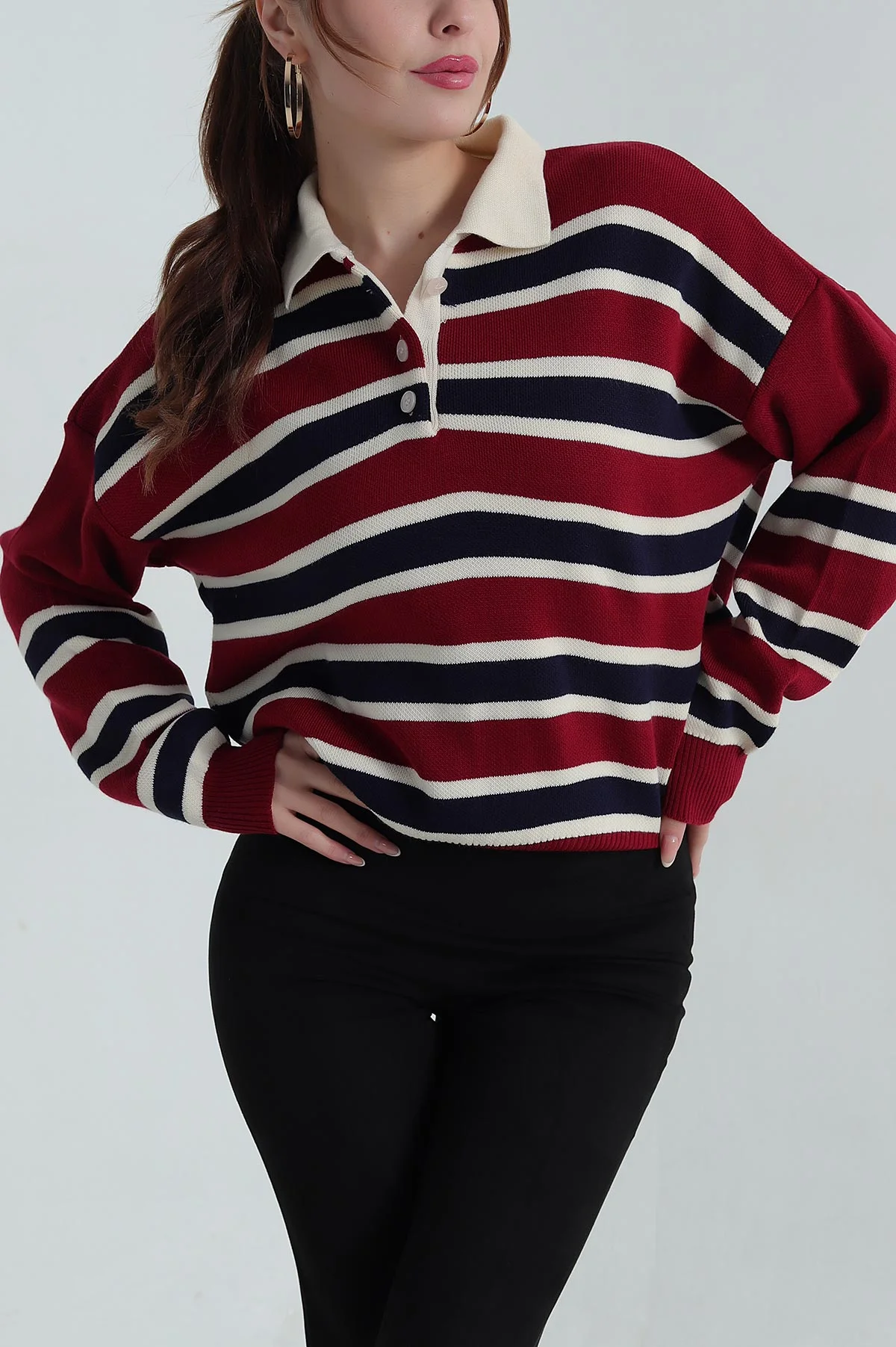 Bordo Çizgili Polo Yaka Kadın Triko Kazak 403716