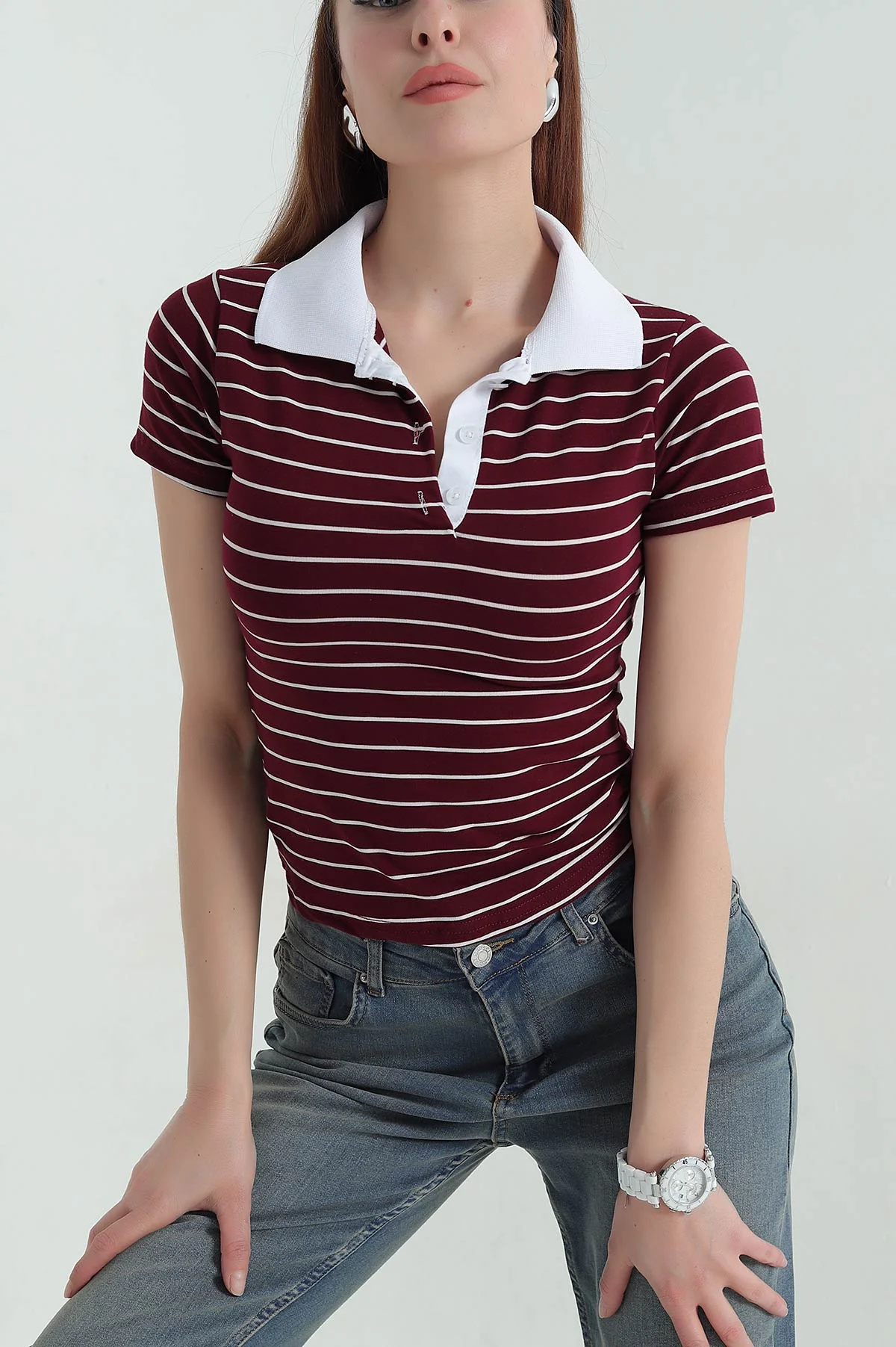 Bordo Çizgili Polo Yaka Süprem Tişört 364854