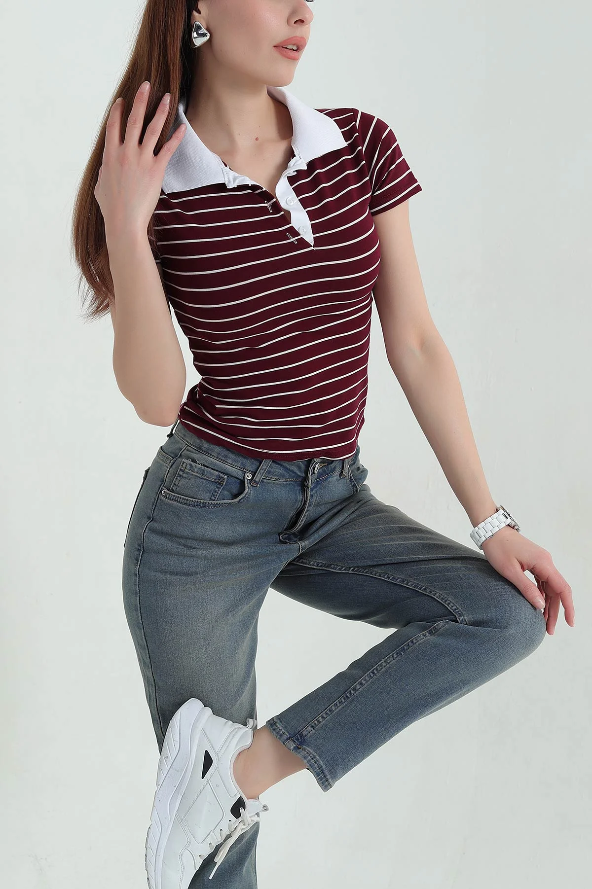 Bordo Çizgili Polo Yaka Süprem Tişört 364854