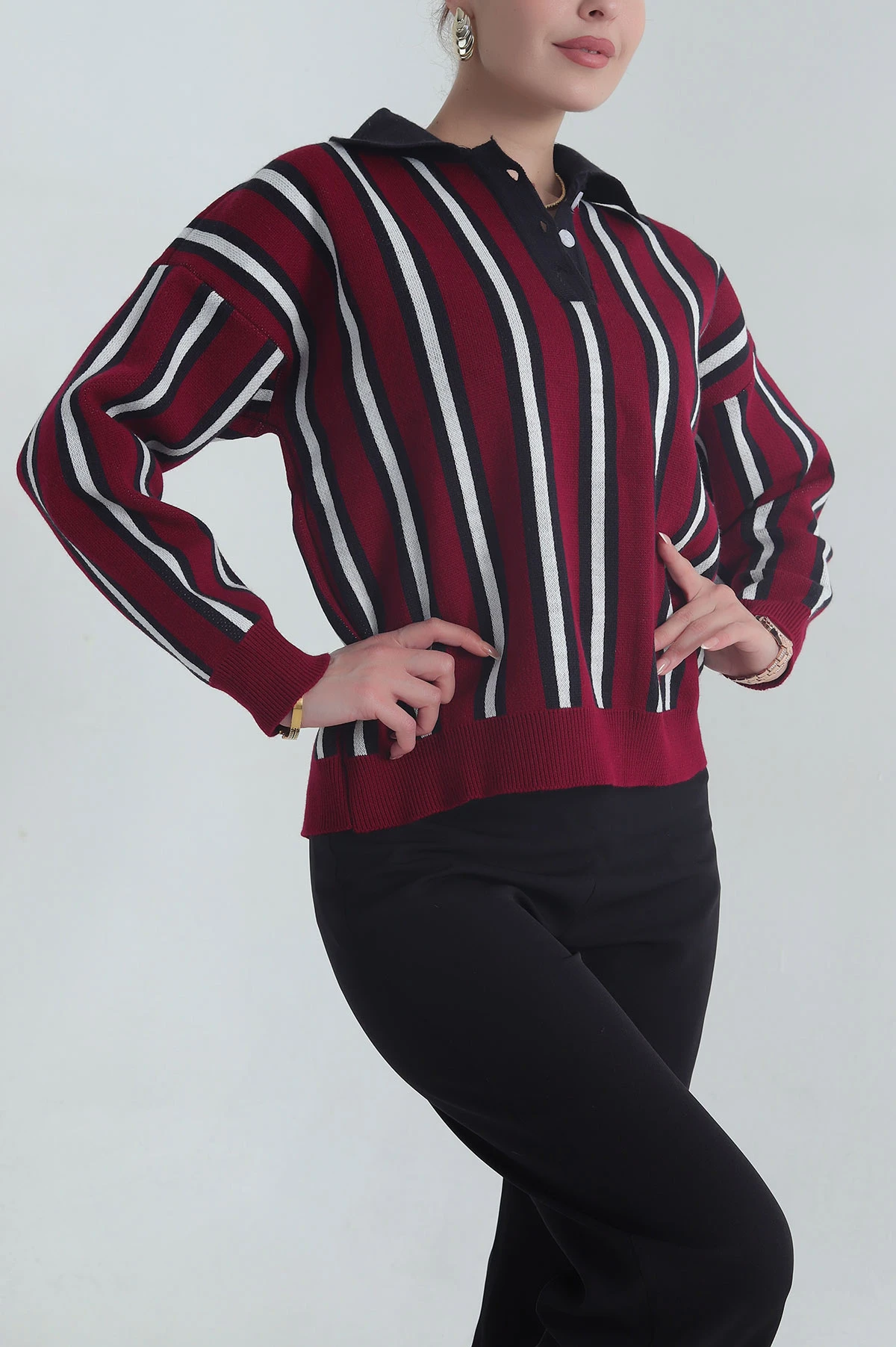 Bordo Çizgili Polo Yaka Triko Kadın Kazak 401537