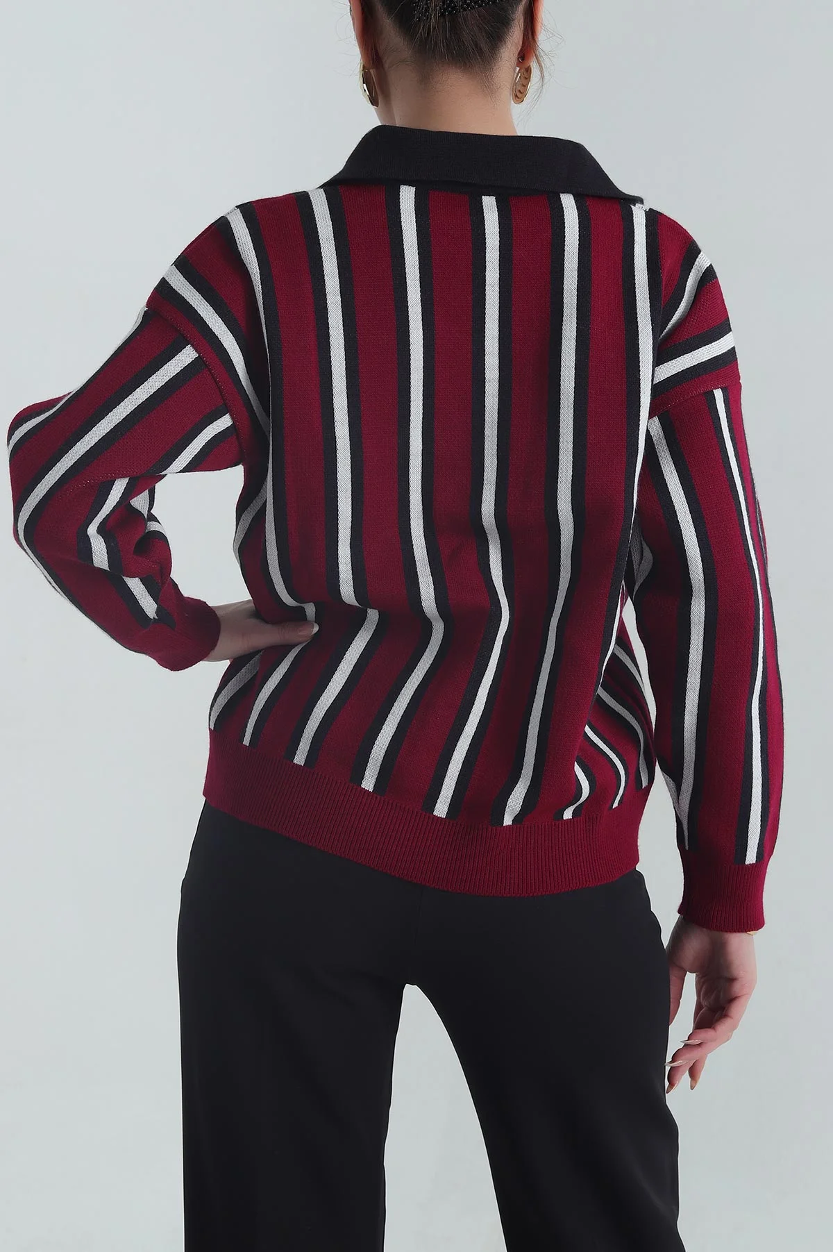 Bordo Çizgili Polo Yaka Triko Kadın Kazak 401537