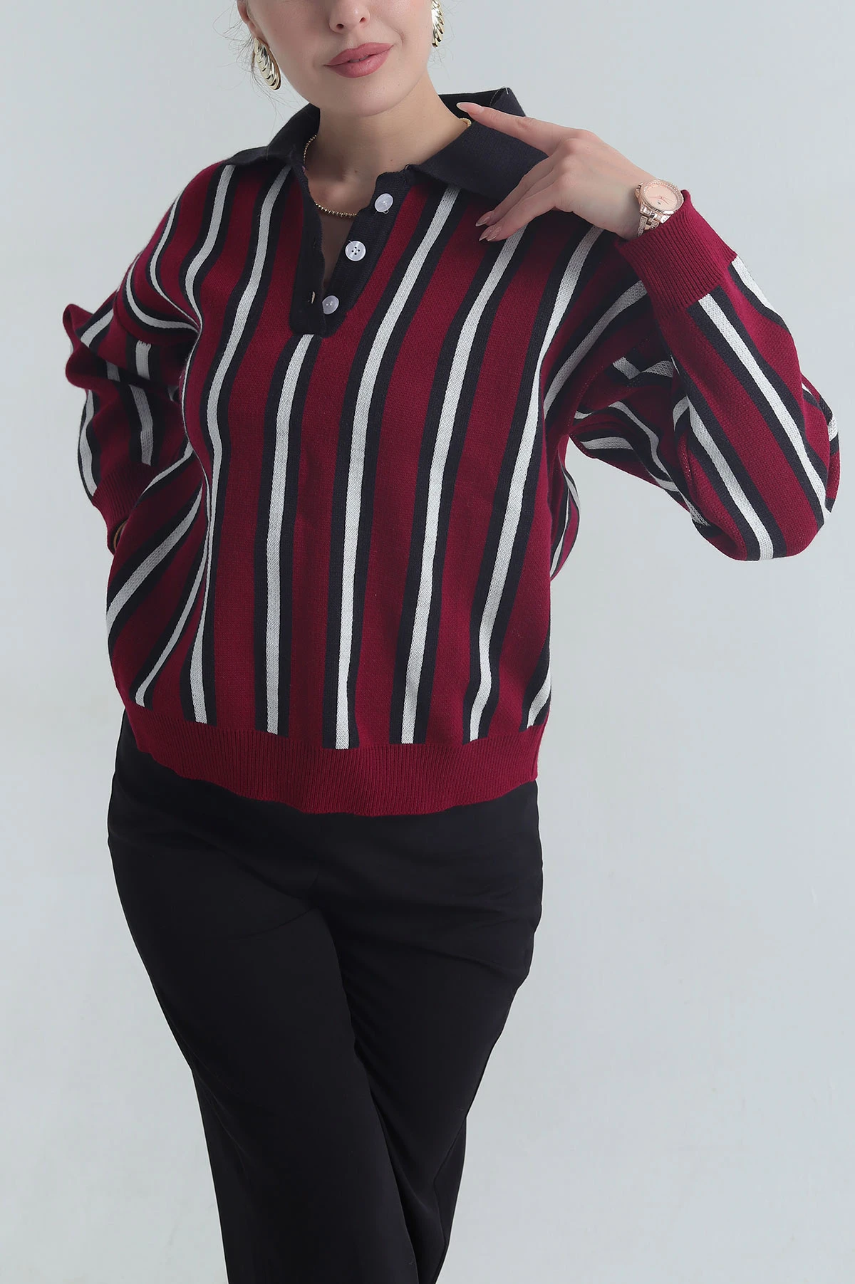 Bordo Çizgili Polo Yaka Triko Kadın Kazak 401537
