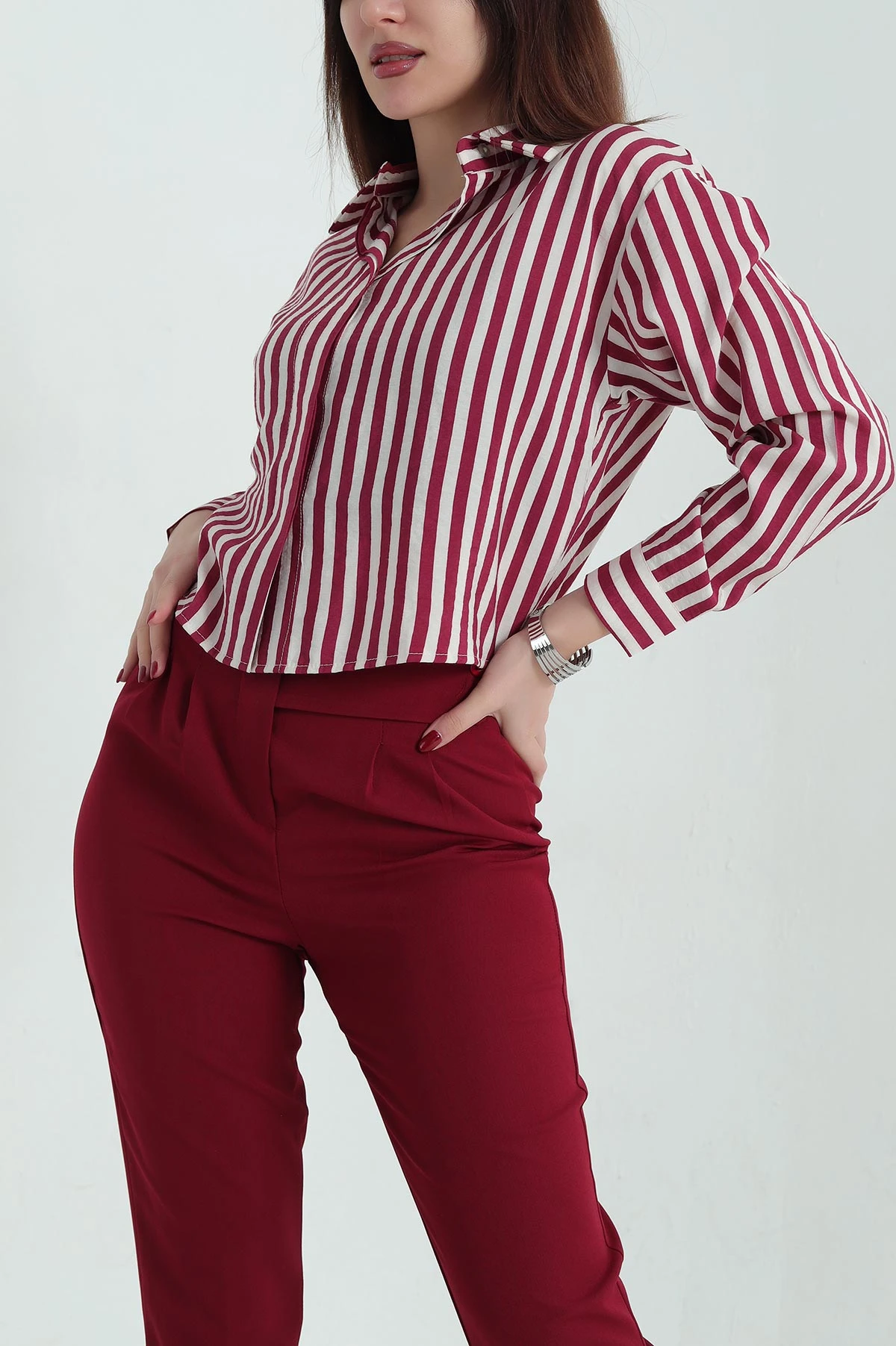 Bordo Çizgili Poplin Bayan Gömlek 336691
