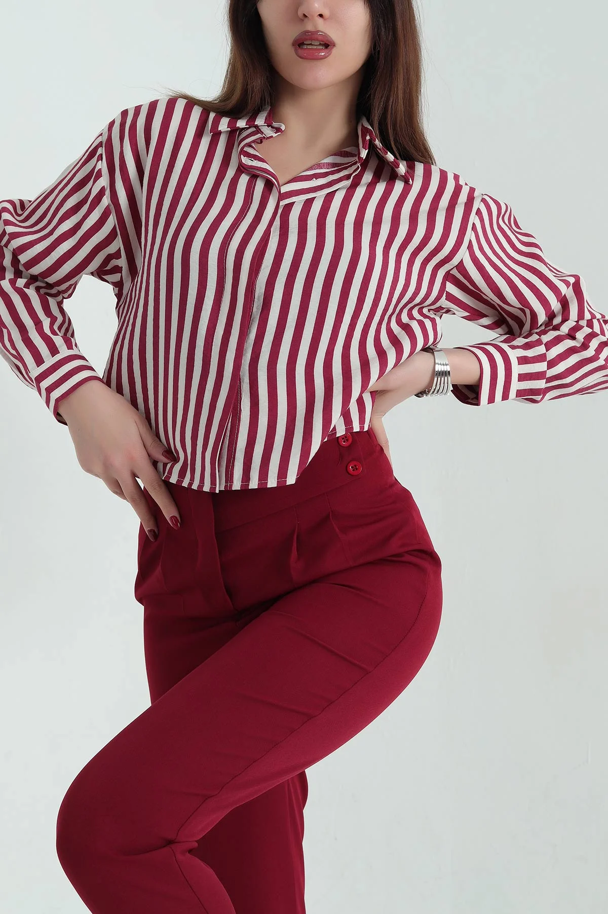Bordo Çizgili Poplin Bayan Gömlek 336691