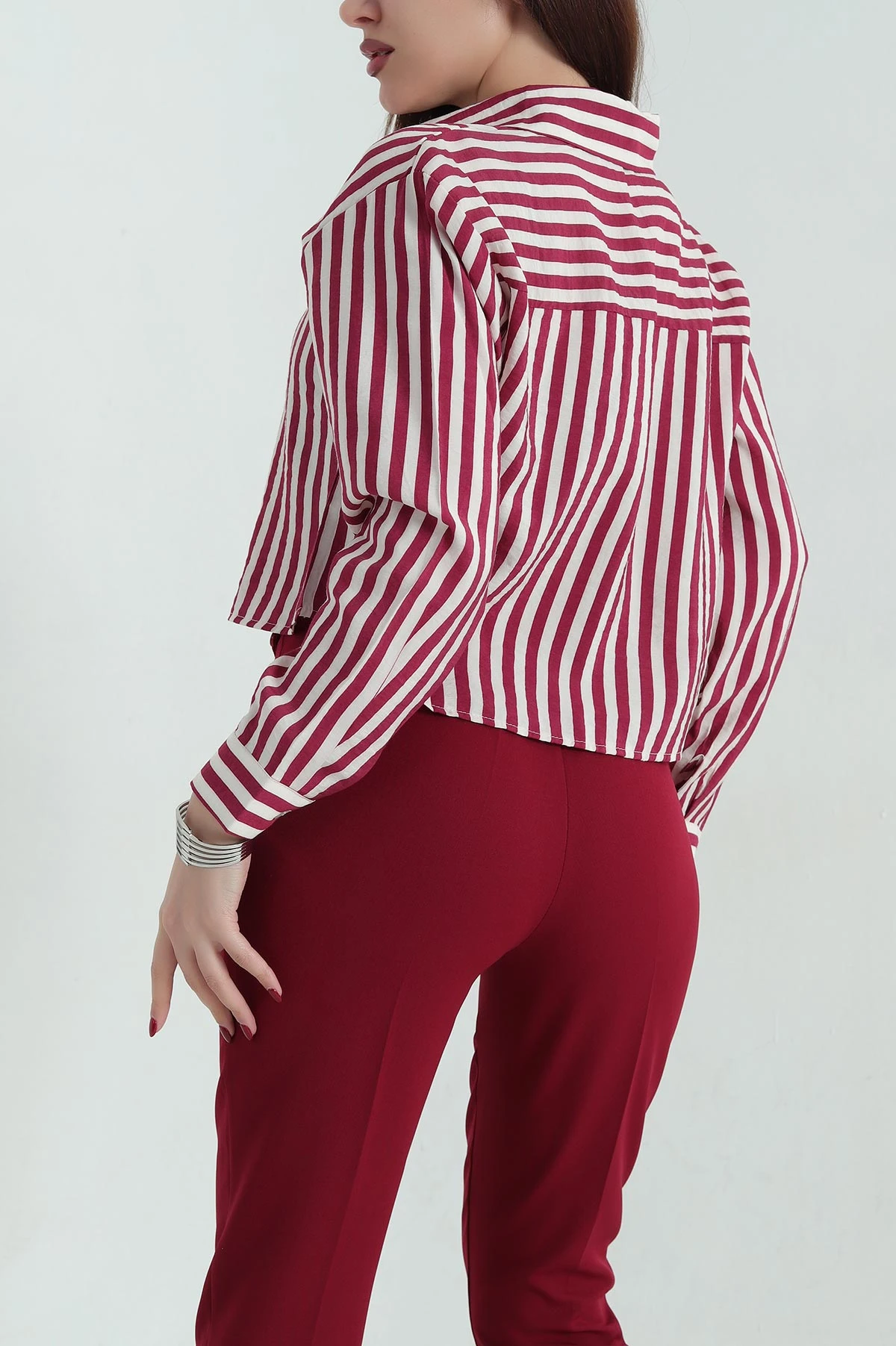 Bordo Çizgili Poplin Bayan Gömlek 336691