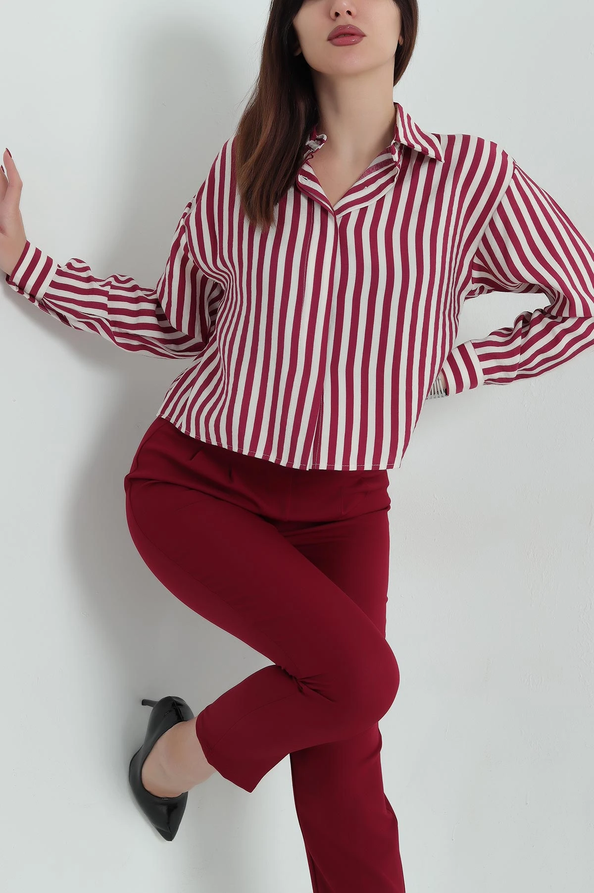 Bordo Çizgili Poplin Bayan Gömlek 336691
