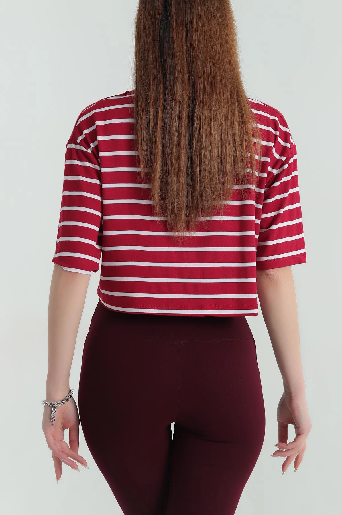 Bordo Çizgili Süprem Kadın Crop Bluz 357445