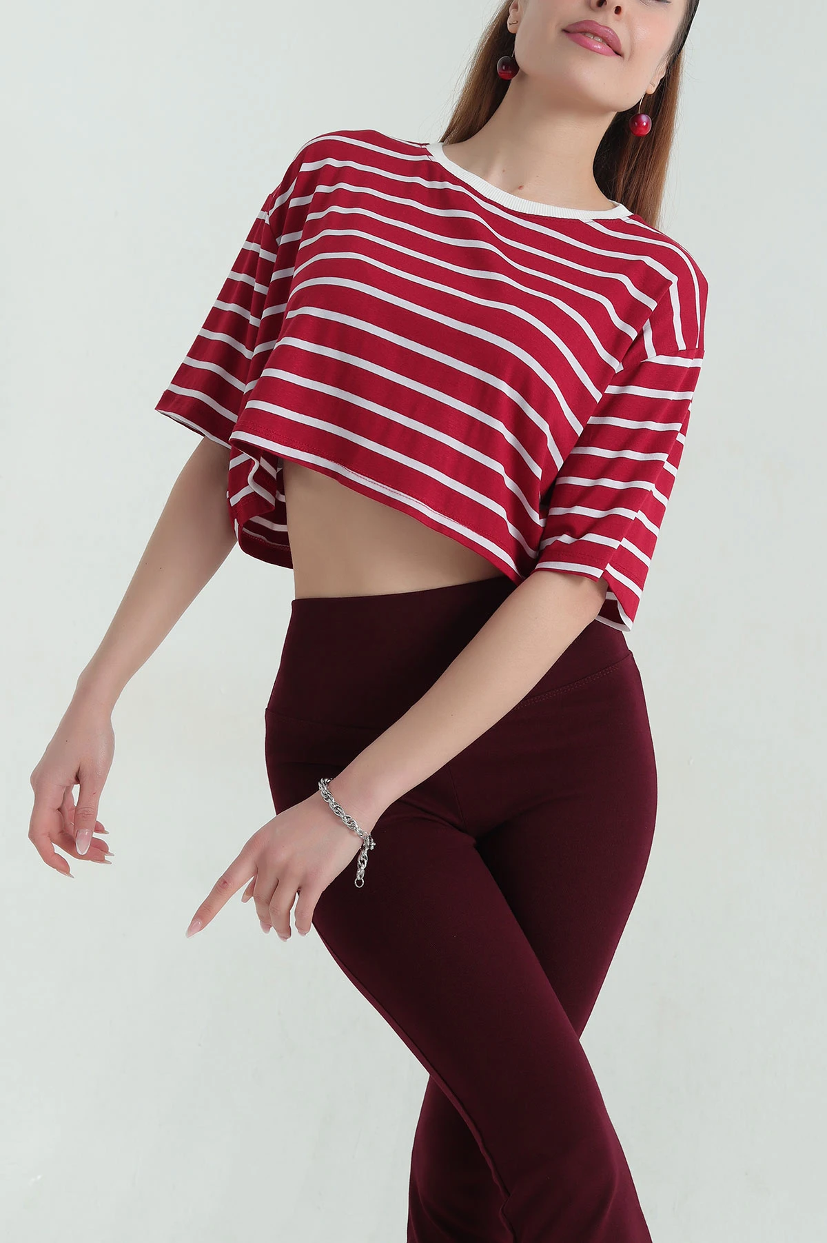 Bordo Çizgili Süprem Kadın Crop Bluz 357445