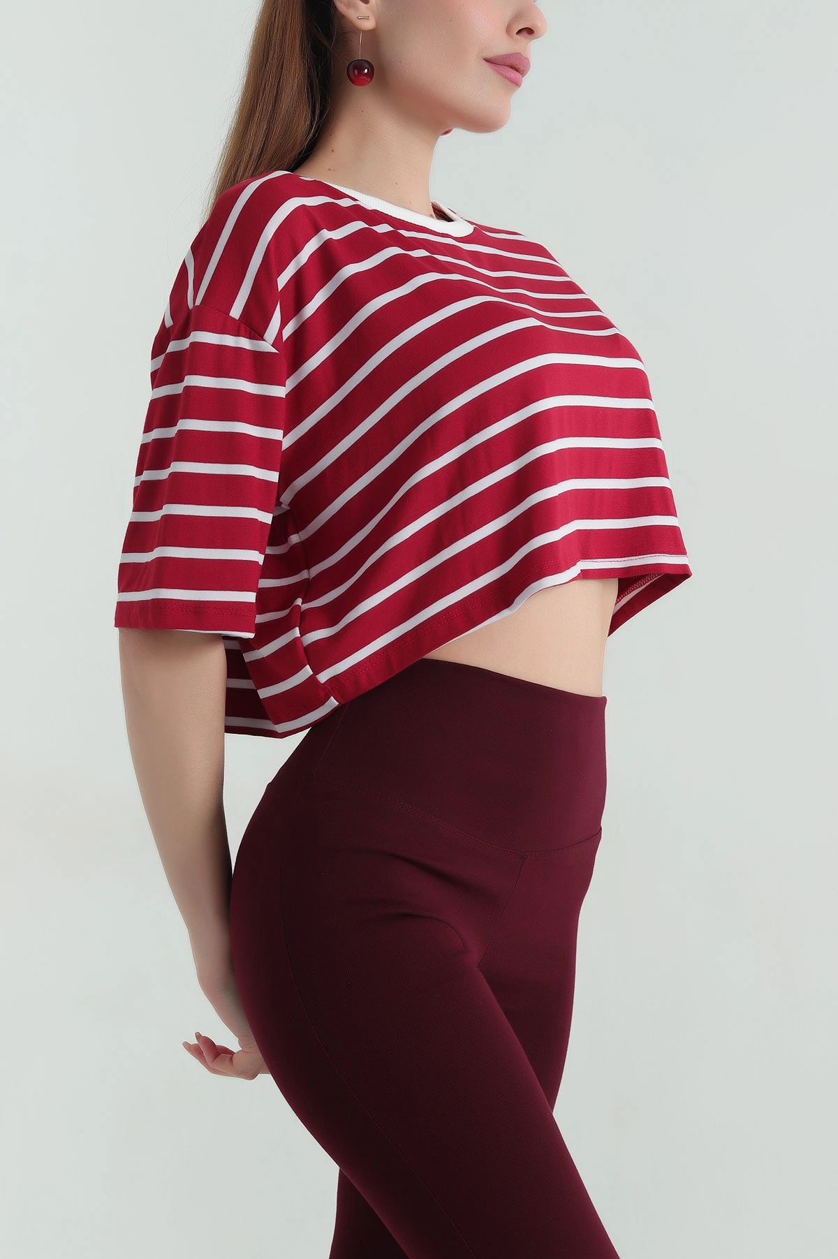 Bordo Çizgili Süprem Kadın Crop Bluz 357445