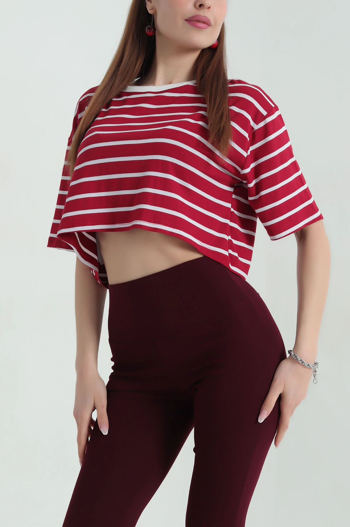 Bordo Çizgili Süprem Kadın Crop Bluz 357445